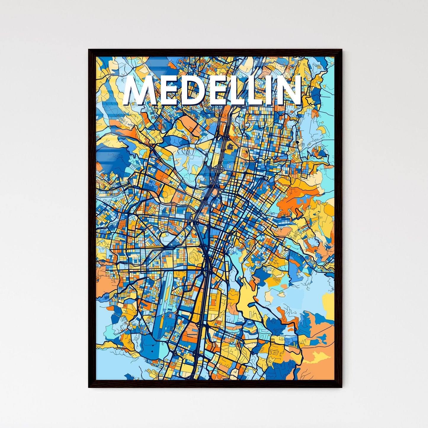 MEDELLIN COLOMBIA Vibrant Colorful Art Map Poster Blue Orange