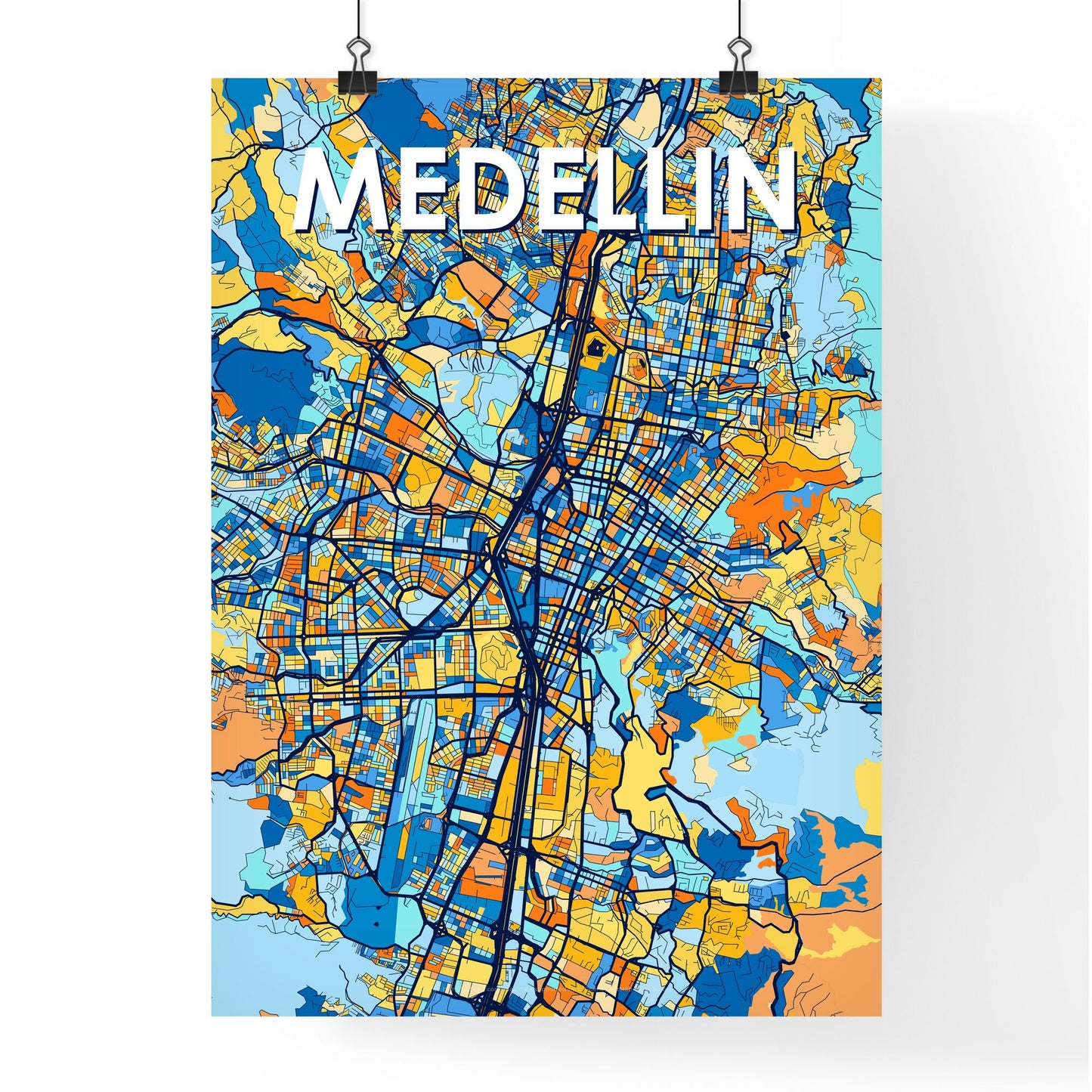 MEDELLIN COLOMBIA Vibrant Colorful Art Map Poster Blue Orange