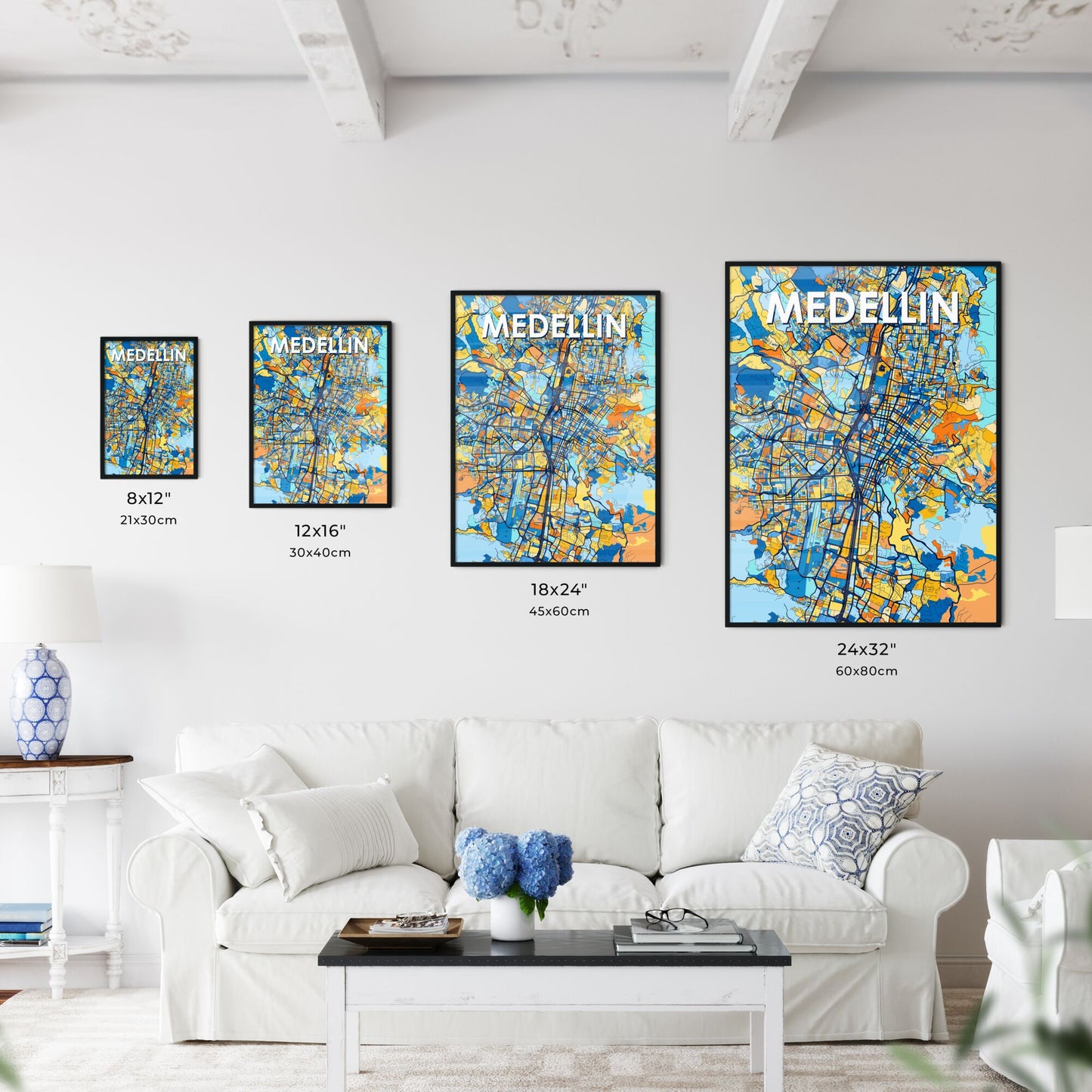 MEDELLIN COLOMBIA Vibrant Colorful Art Map Poster Blue Orange