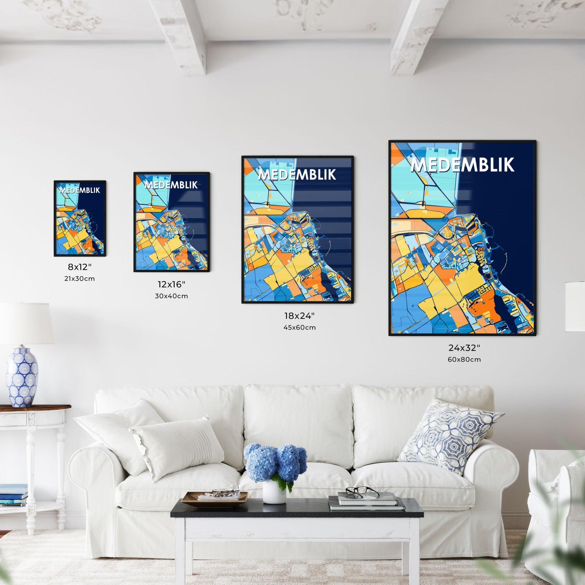 MEDEMBLIK NETHERLANDS Vibrant Colorful Art Map Poster Blue Orange