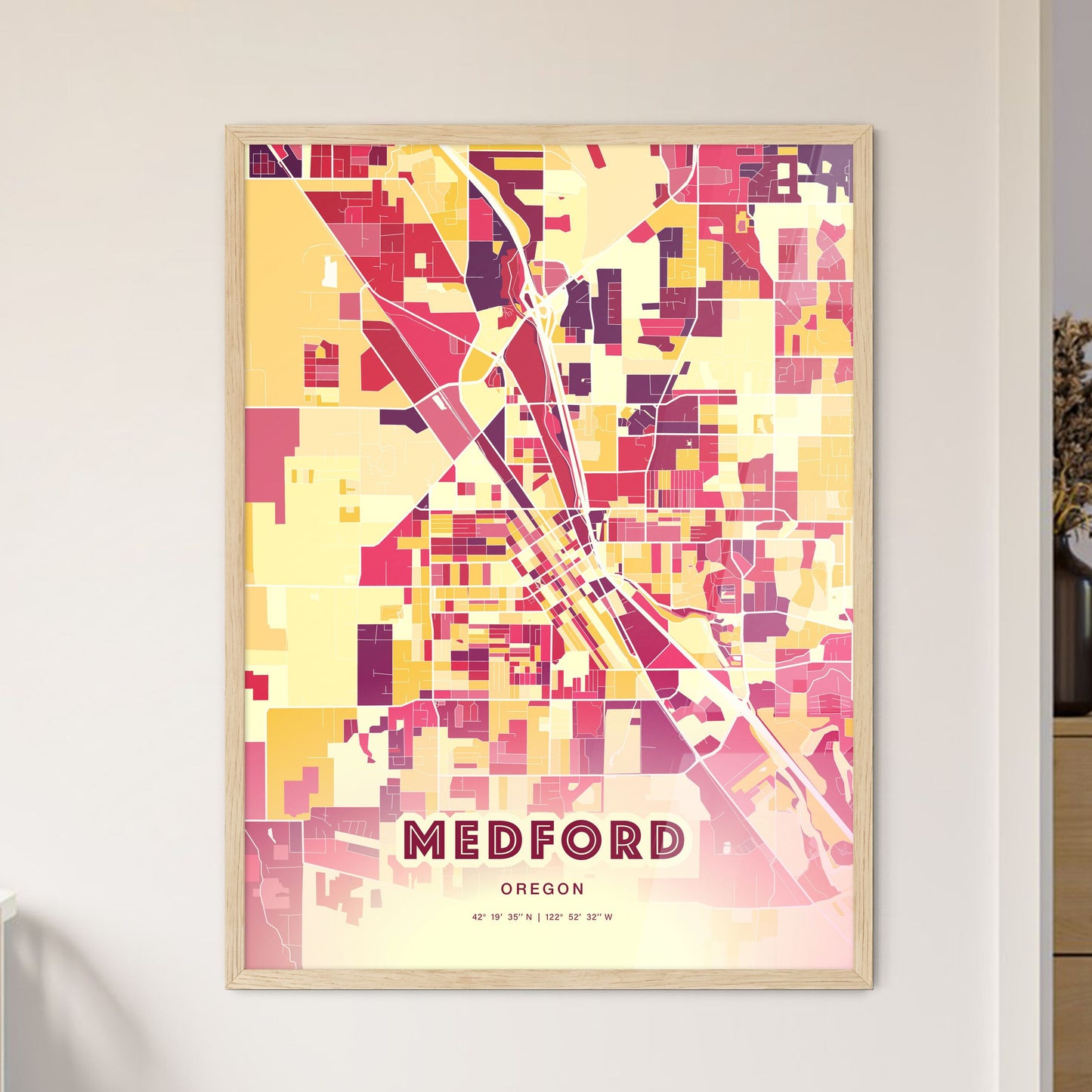 Colorful Medford Oregon Fine Art Map Hot Red