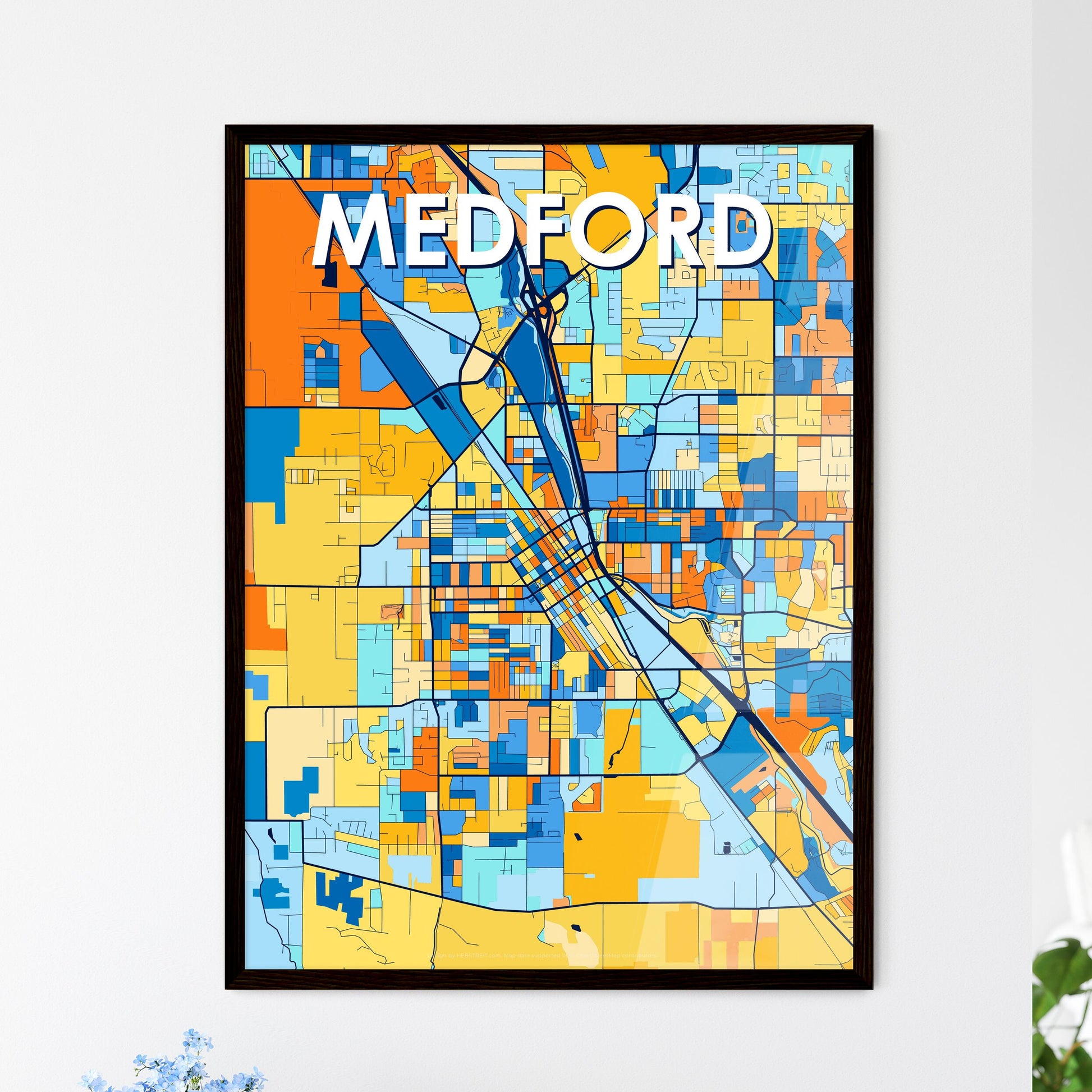 MEDFORD OREGON Vibrant Colorful Art Map Poster Blue Orange