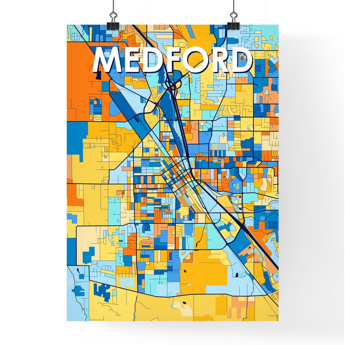 MEDFORD OREGON Vibrant Colorful Art Map Poster Blue Orange