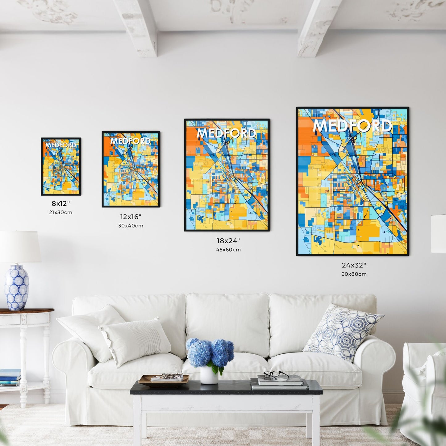 MEDFORD OREGON Vibrant Colorful Art Map Poster Blue Orange