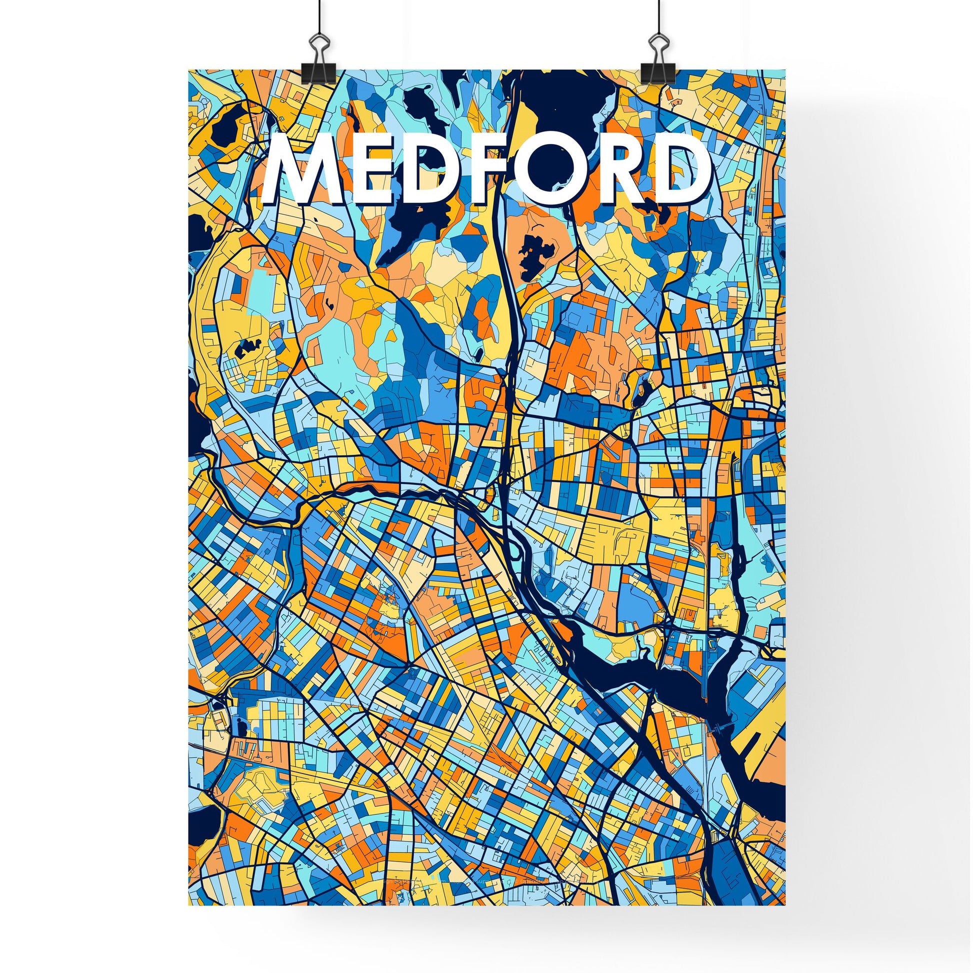 MEDFORD MASSACHUSETTS Vibrant Colorful Art Map Poster Blue Orange