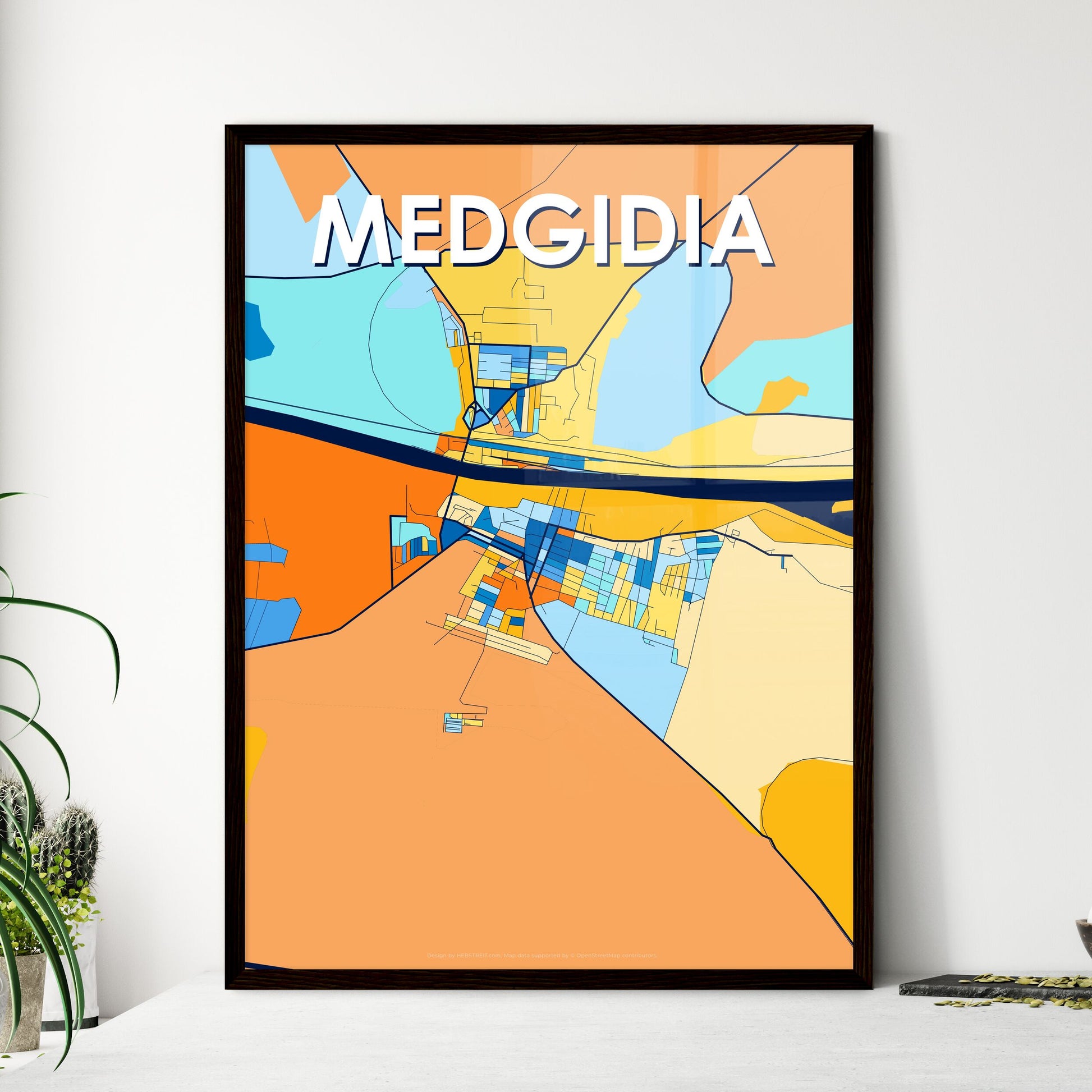 MEDGIDIA ROMANIA Vibrant Colorful Art Map Poster Blue Orange