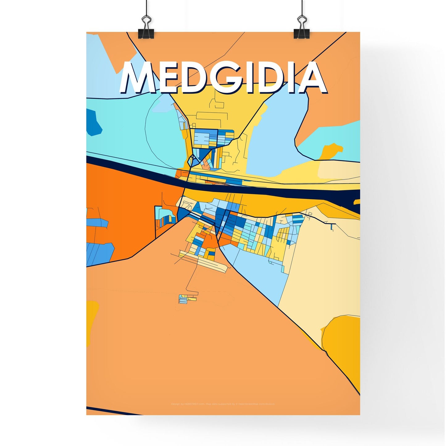 MEDGIDIA ROMANIA Vibrant Colorful Art Map Poster Blue Orange