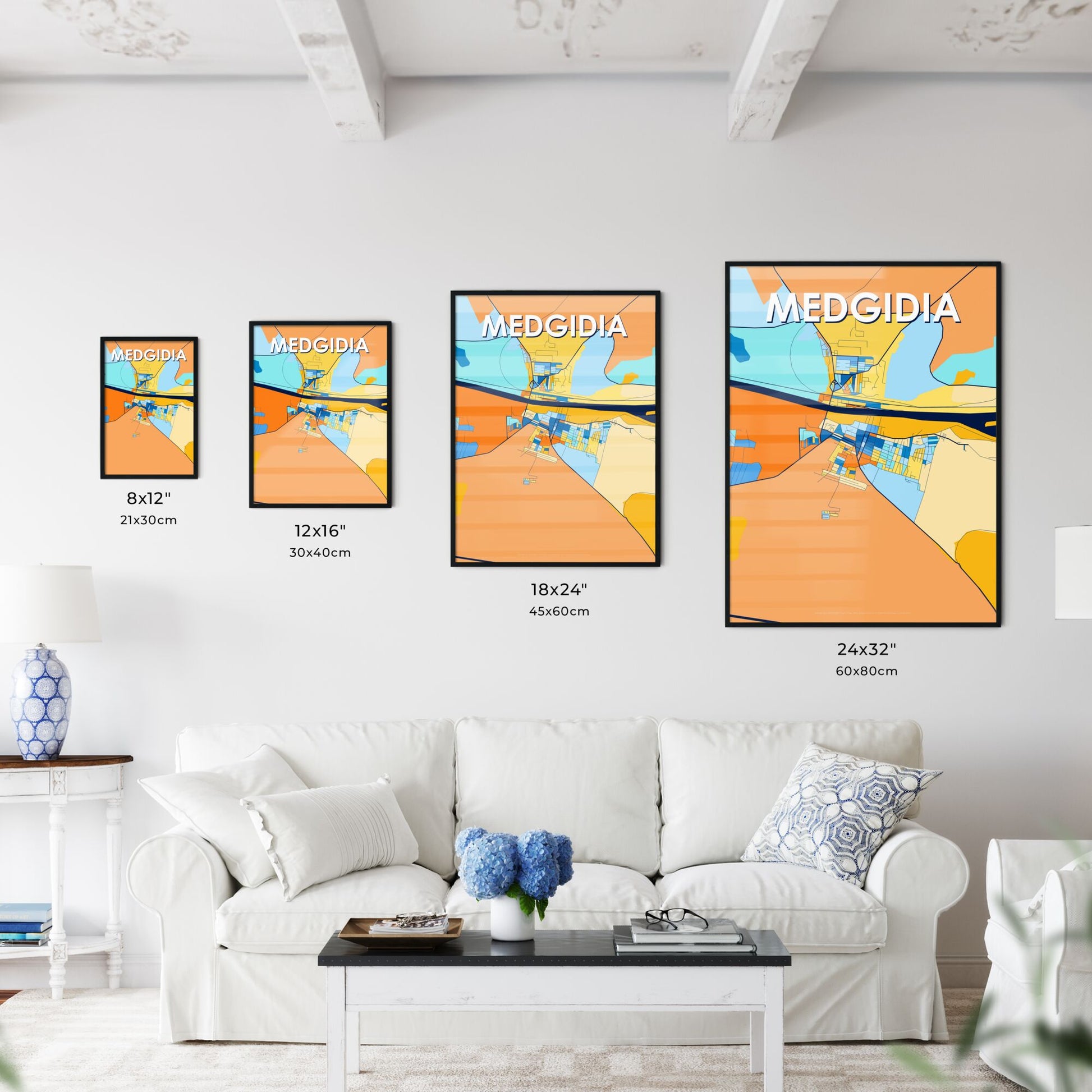 MEDGIDIA ROMANIA Vibrant Colorful Art Map Poster Blue Orange