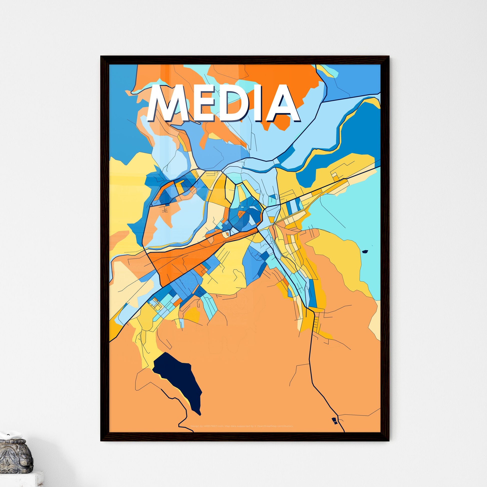 MEDIAȘ ROMANIA Vibrant Colorful Art Map Poster Blue Orange