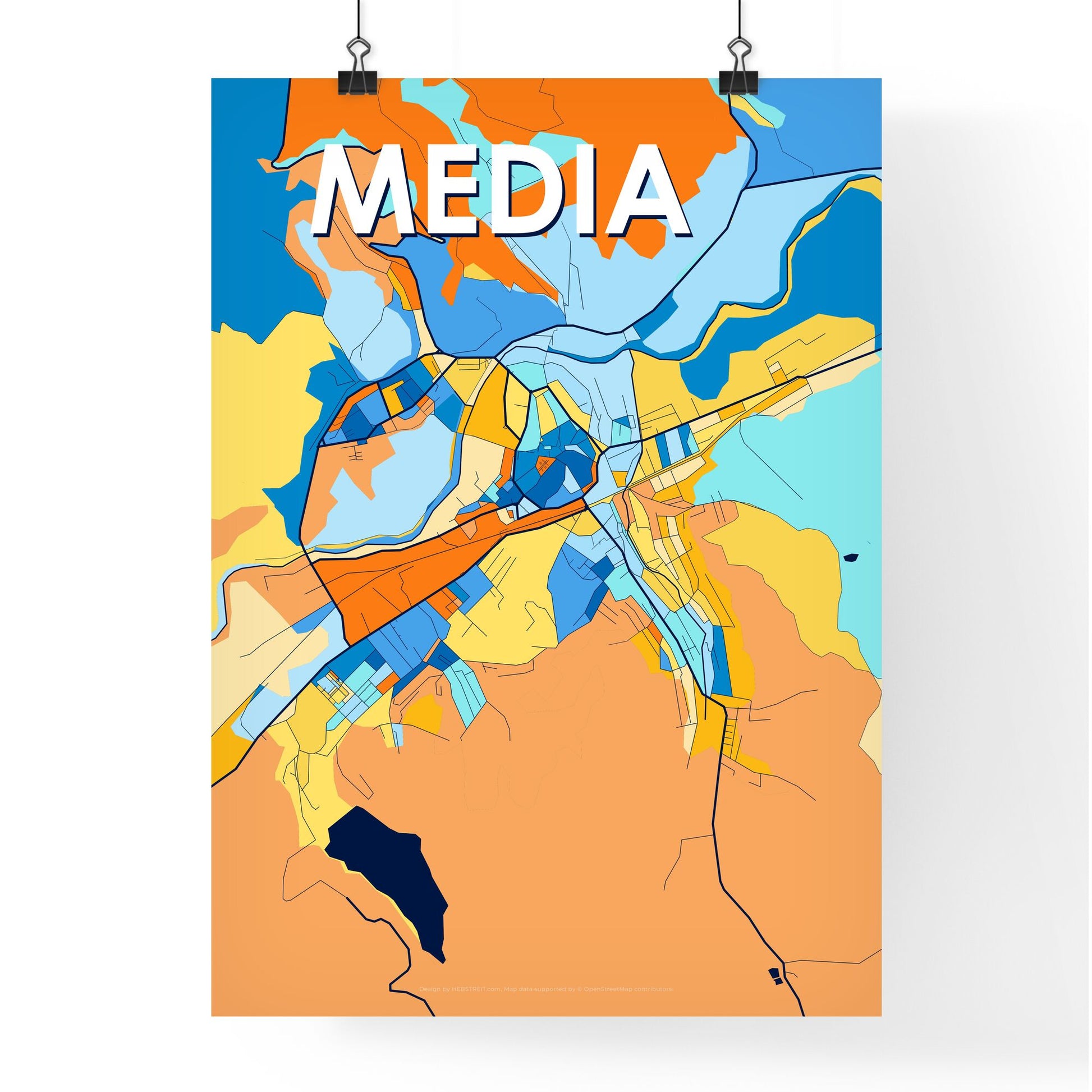 MEDIAȘ ROMANIA Vibrant Colorful Art Map Poster Blue Orange