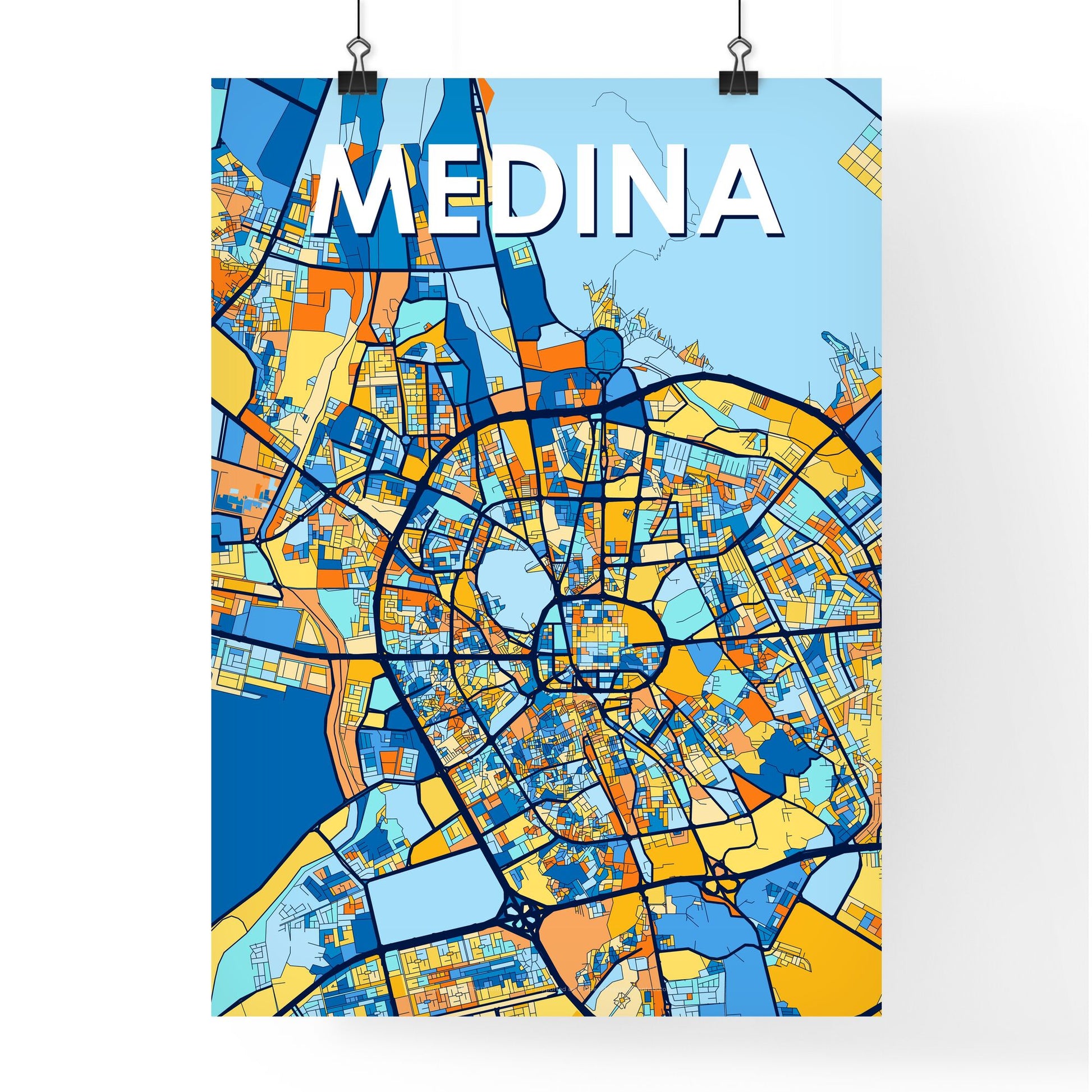 MEDINA SAUDI ARABIA Vibrant Colorful Art Map Poster Blue Orange