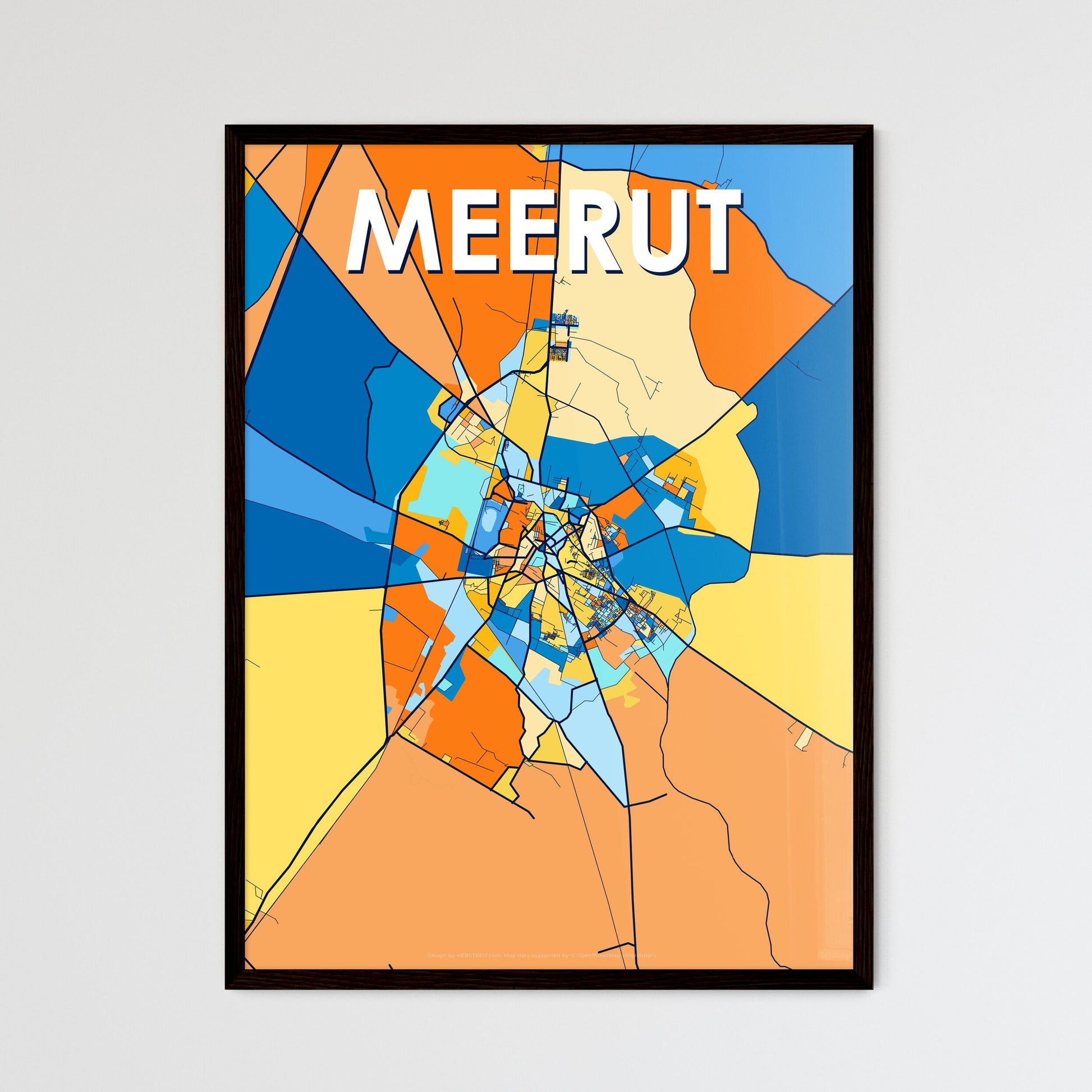 MEERUT INDIA Vibrant Colorful Art Map Poster Blue Orange