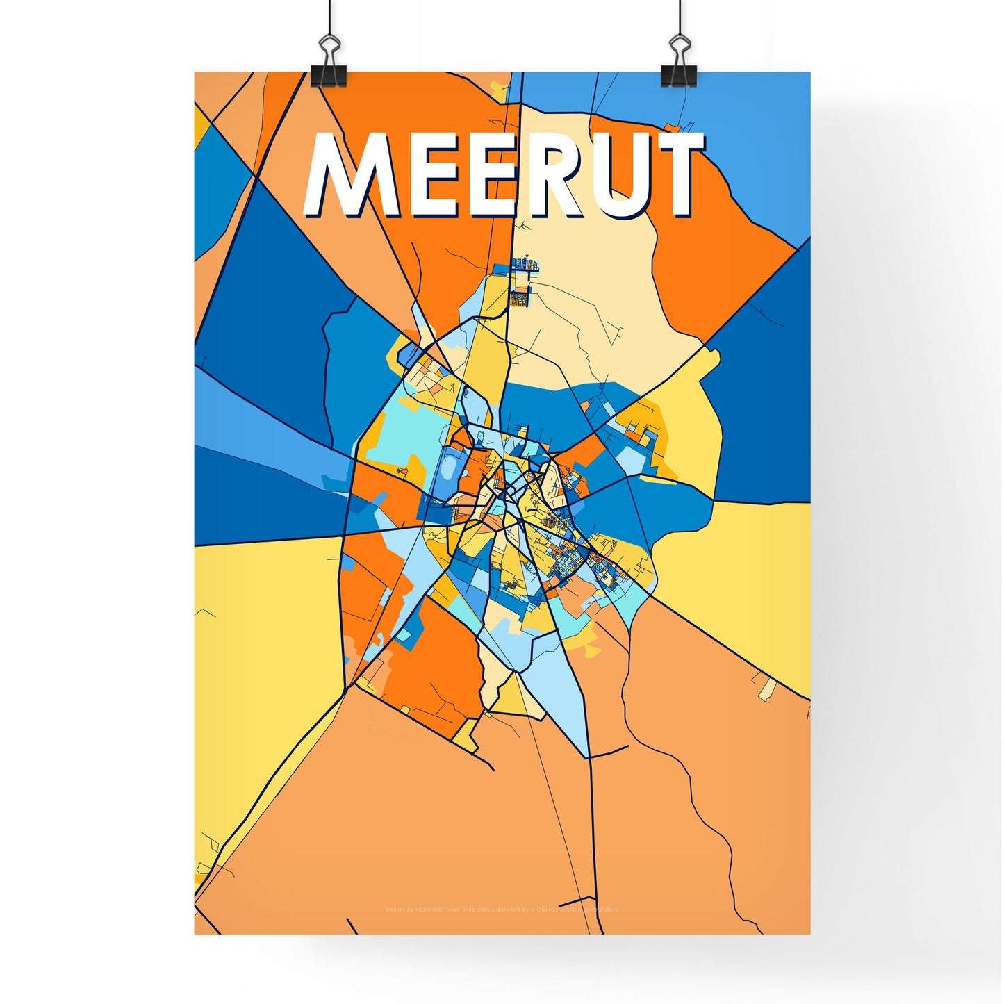 MEERUT INDIA Vibrant Colorful Art Map Poster Blue Orange