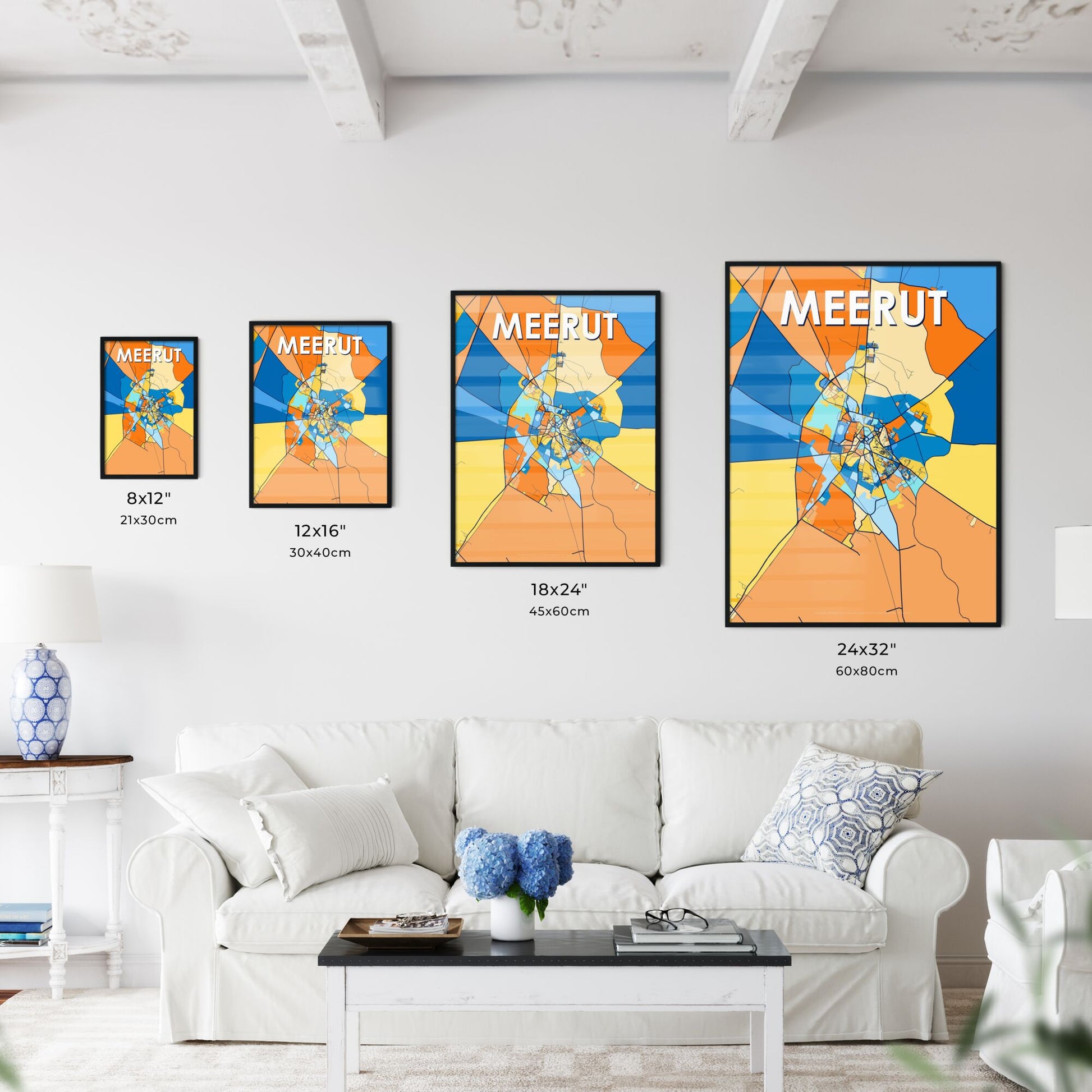 MEERUT INDIA Vibrant Colorful Art Map Poster Blue Orange