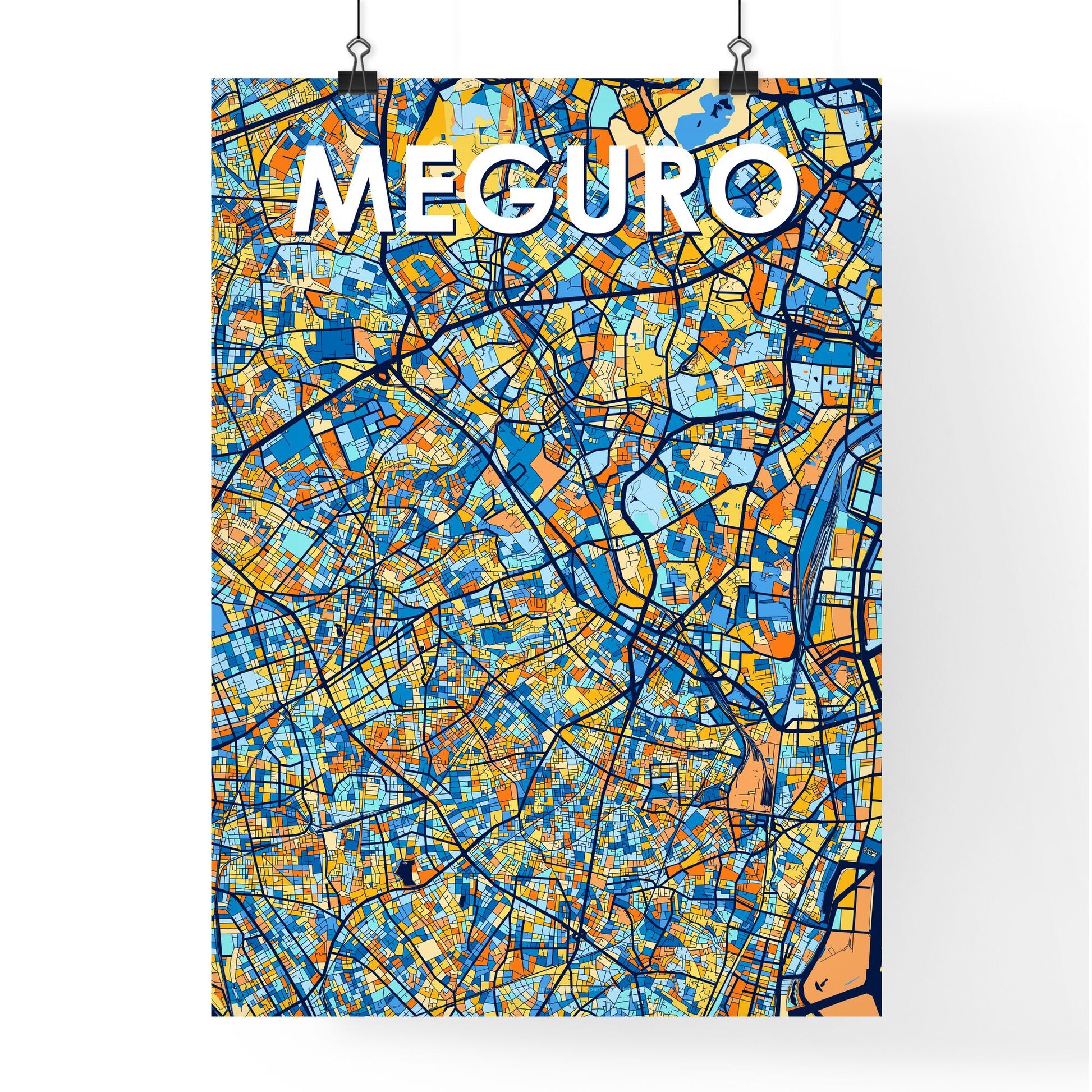 MEGURO JAPAN Vibrant Colorful Art Map Poster Blue Orange