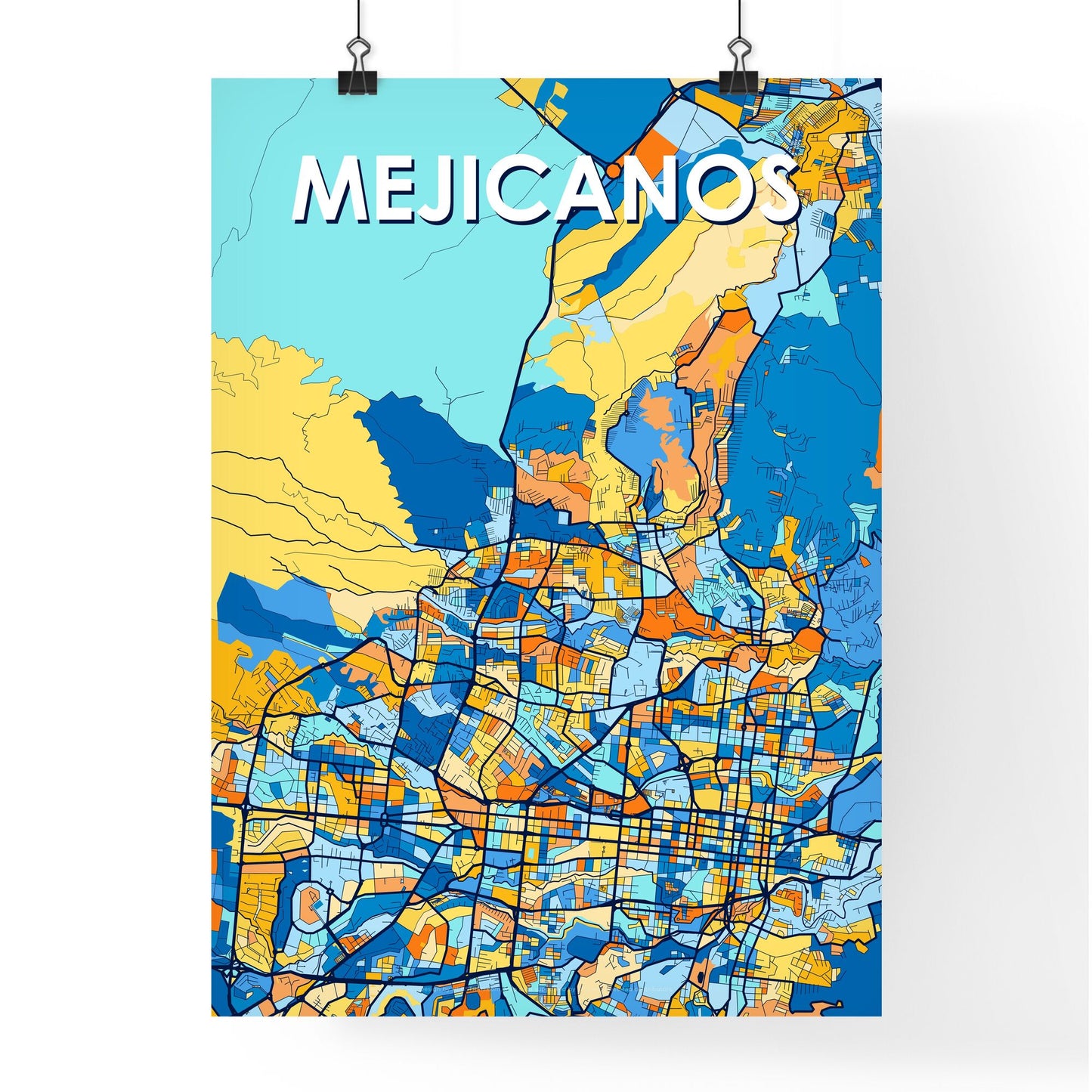 MEJICANOS EL SALVADOR Vibrant Colorful Art Map Poster Blue Orange