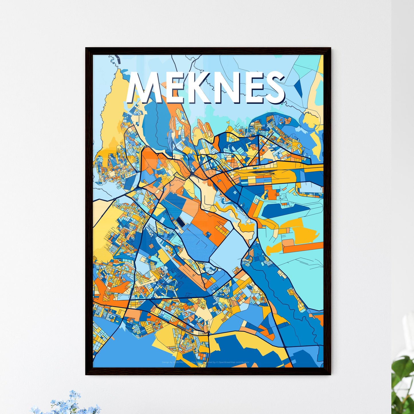 MEKNES MOROCCO Vibrant Colorful Art Map Poster Blue Orange