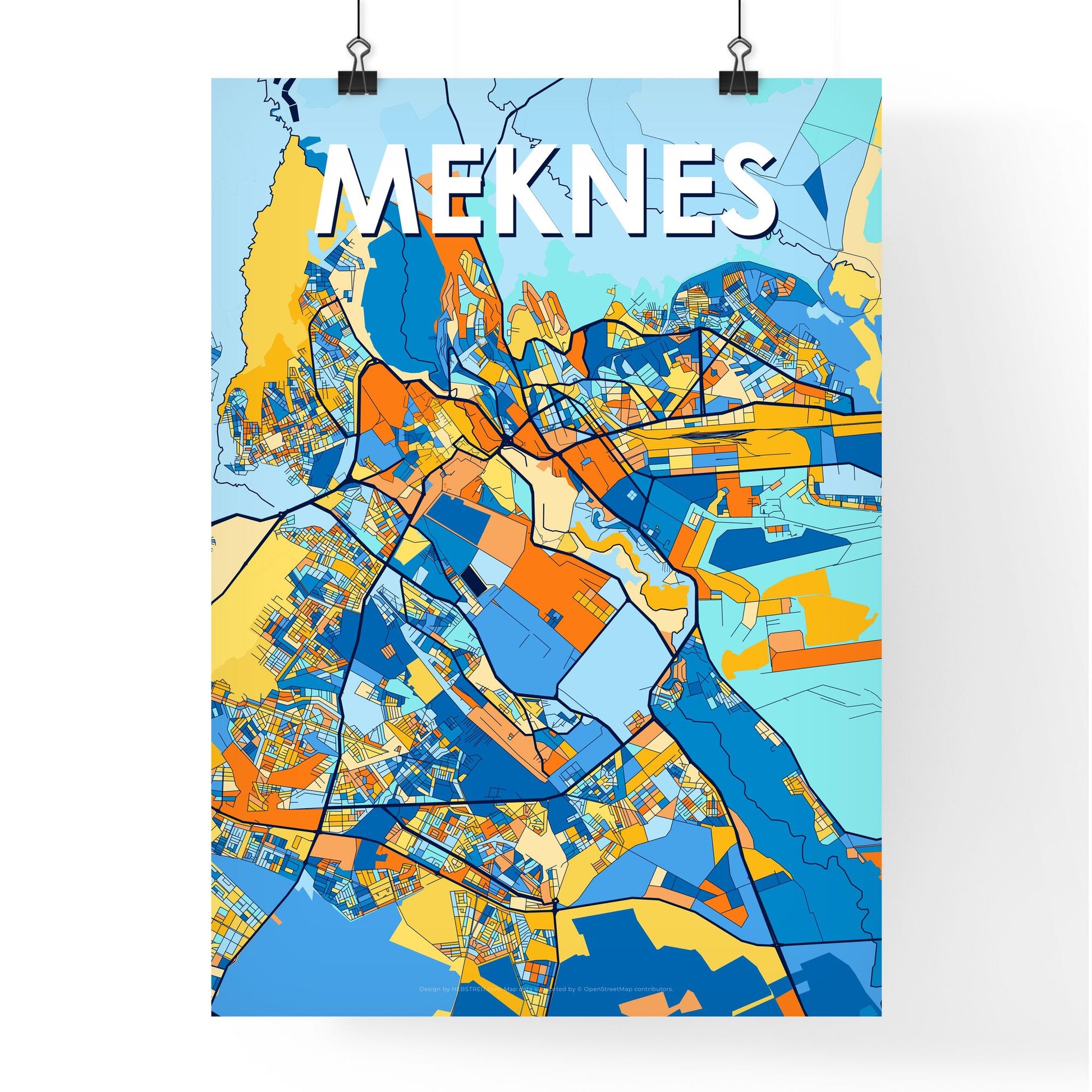 MEKNES MOROCCO Vibrant Colorful Art Map Poster Blue Orange