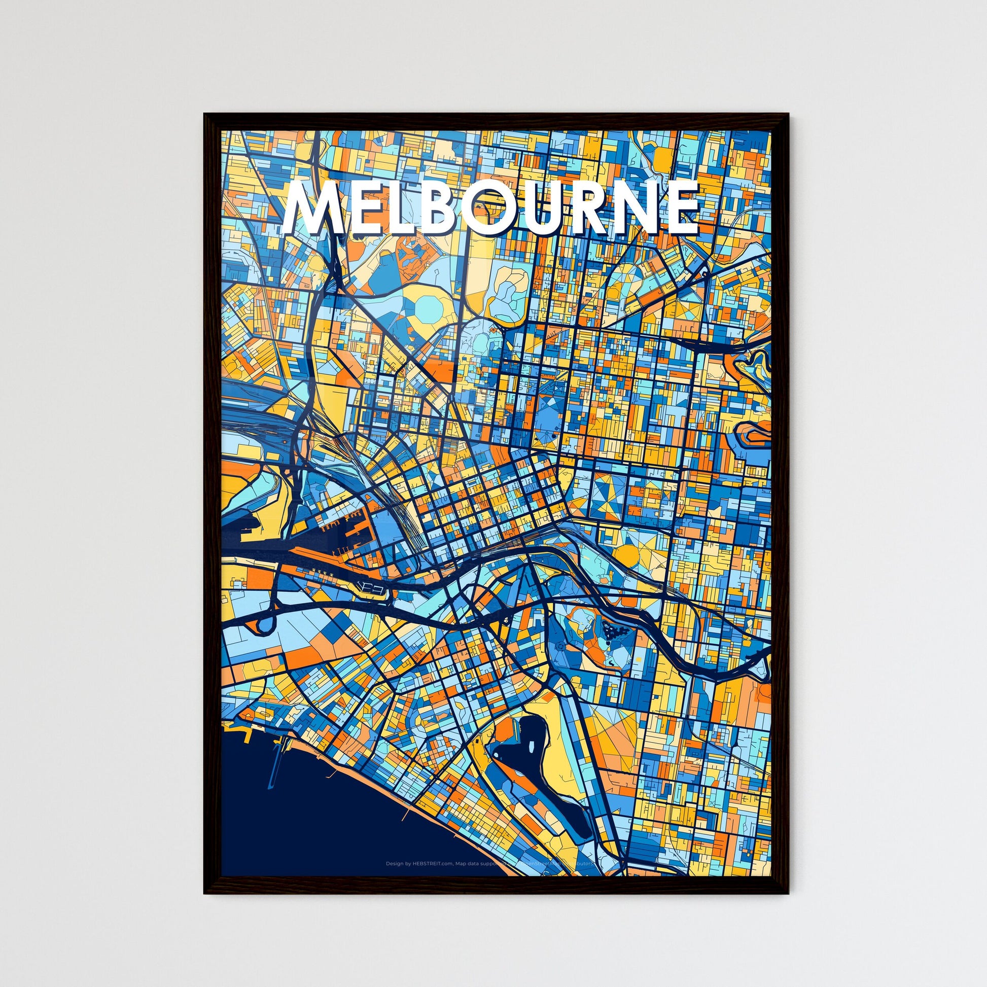 MELBOURNE AUSTRALIA Vibrant Colorful Art Map Poster Blue Orange