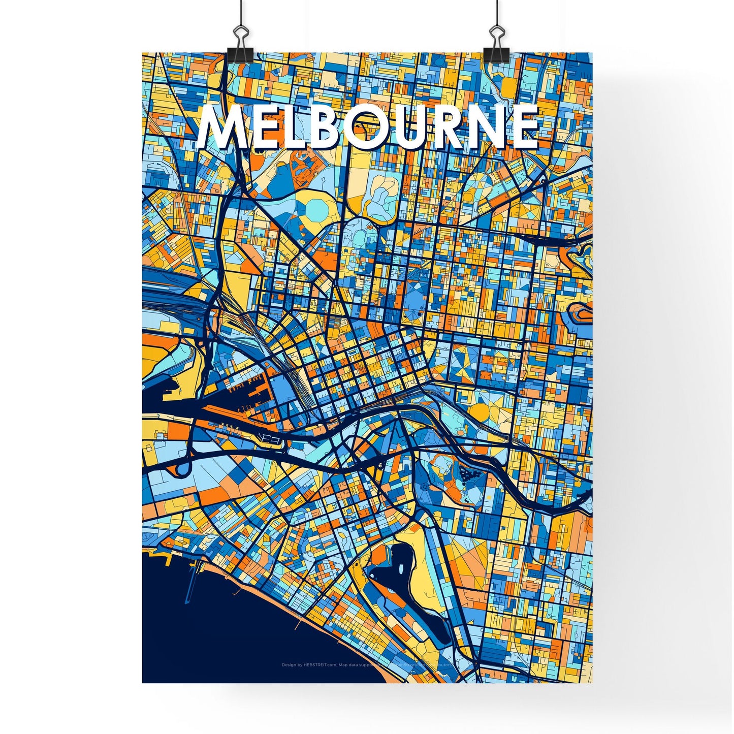 MELBOURNE AUSTRALIA Vibrant Colorful Art Map Poster Blue Orange