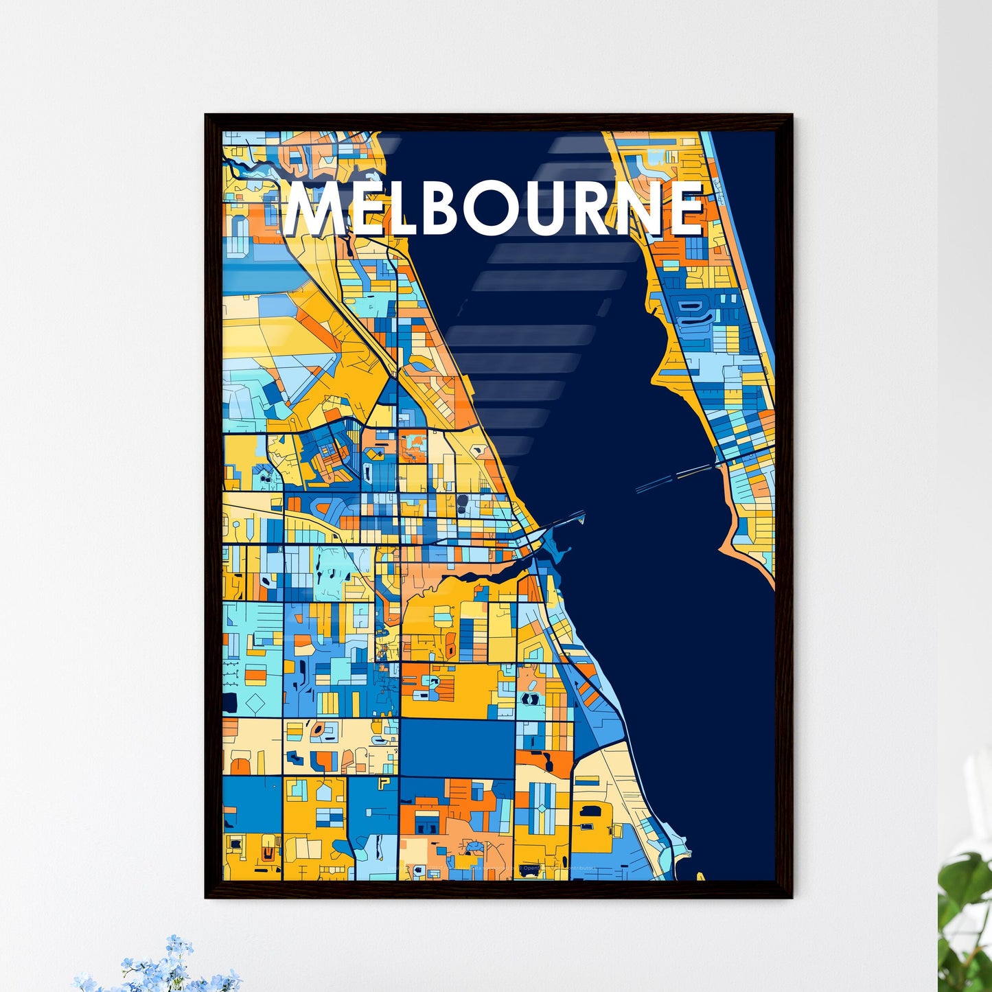 MELBOURNE FLORIDA Vibrant Colorful Art Map Poster Blue Orange