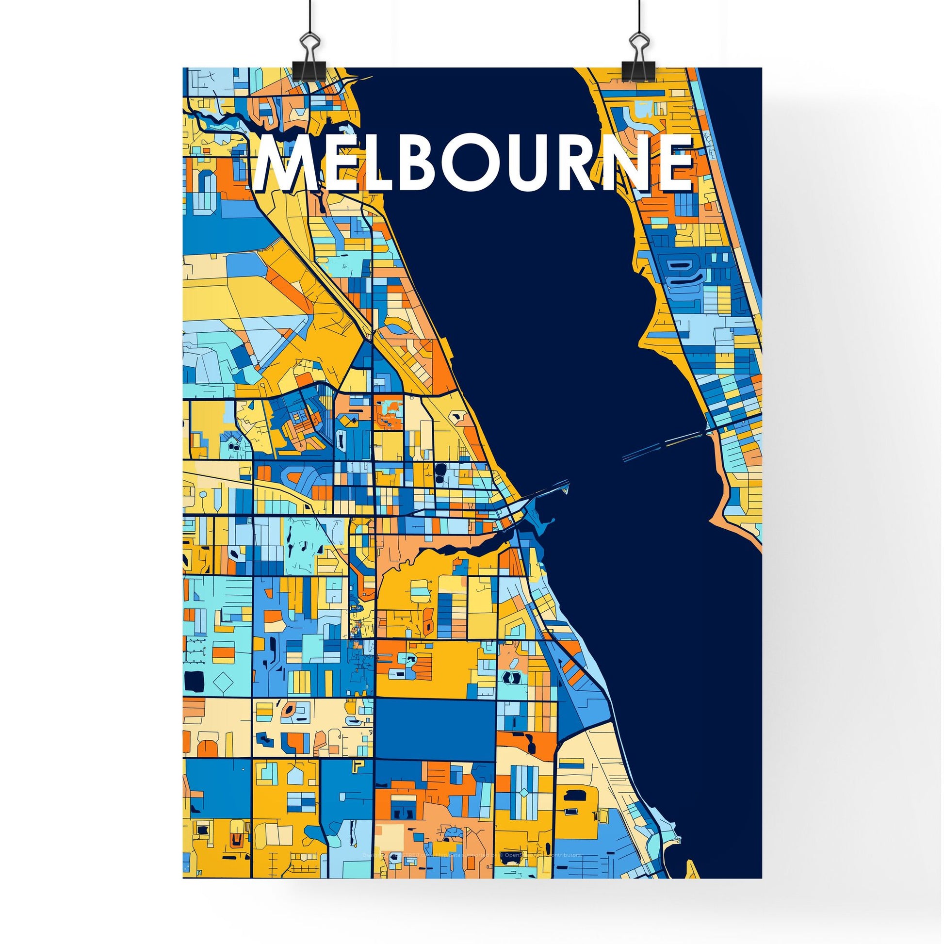 MELBOURNE FLORIDA Vibrant Colorful Art Map Poster Blue Orange