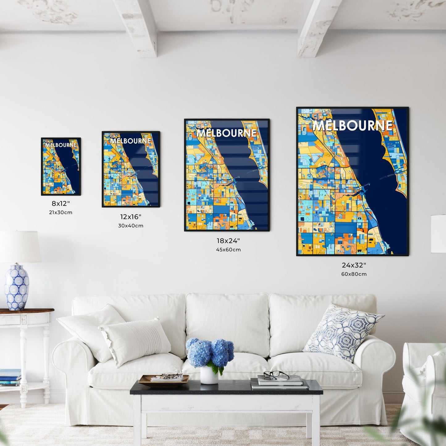 MELBOURNE FLORIDA Vibrant Colorful Art Map Poster Blue Orange