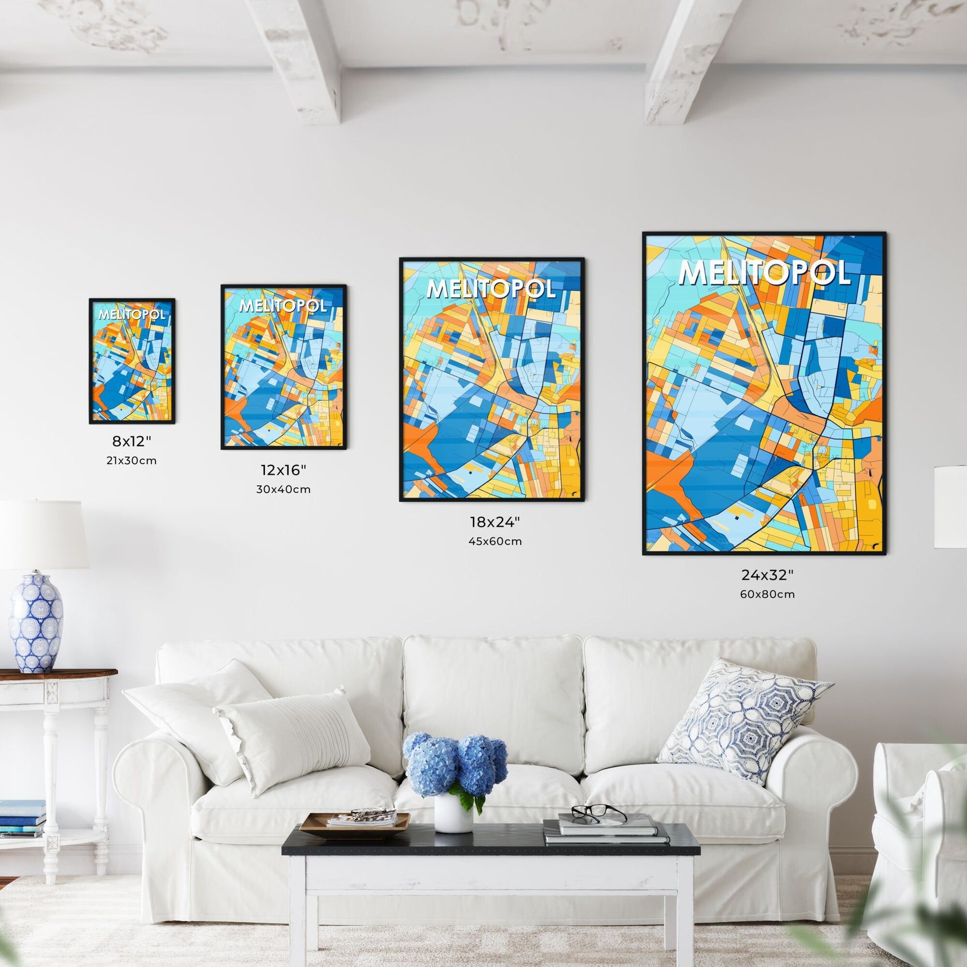 MELITOPOL UKRAINE Vibrant Colorful Art Map Poster Blue Orange