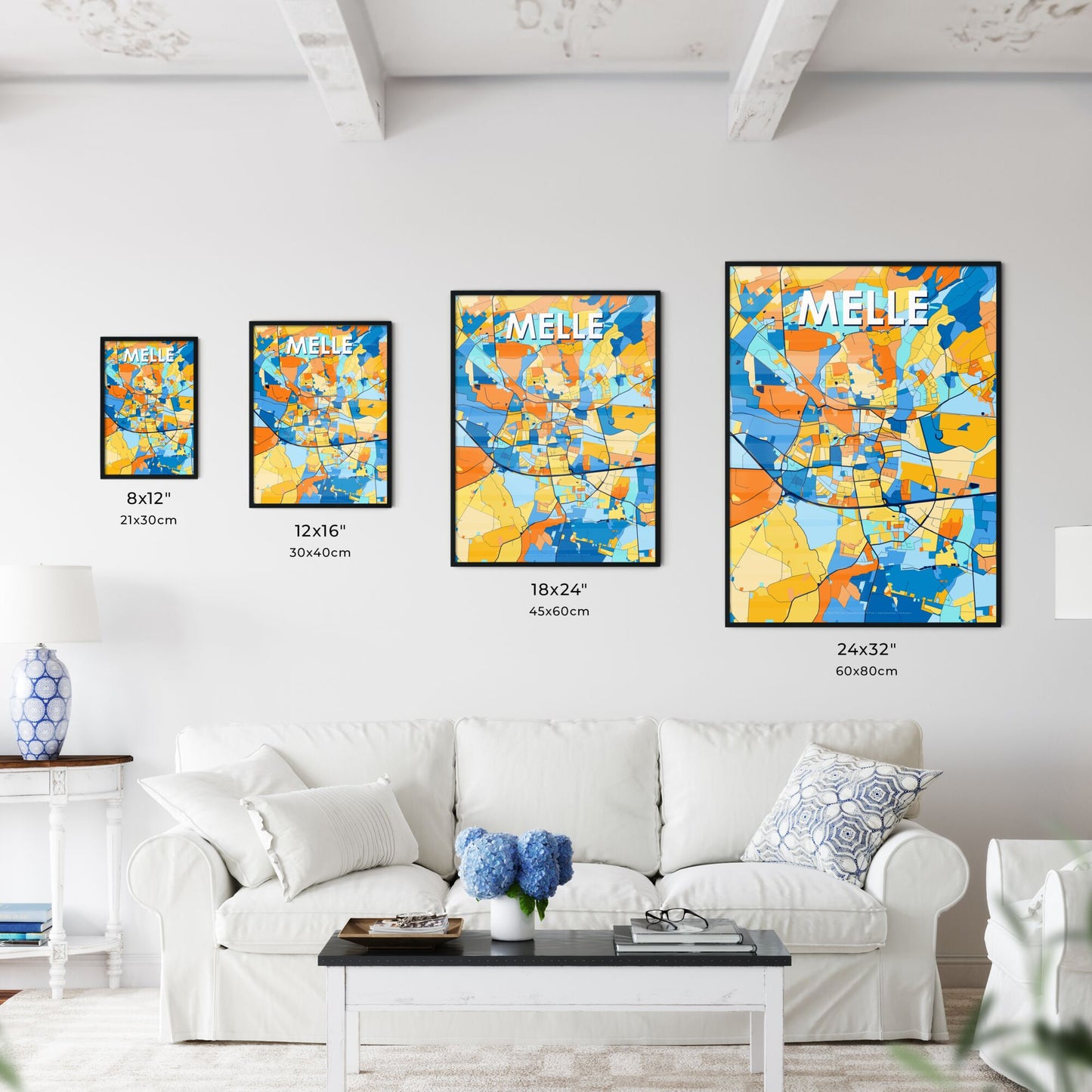 MELLE GERMANY Vibrant Colorful Art Map Poster Blue Orange