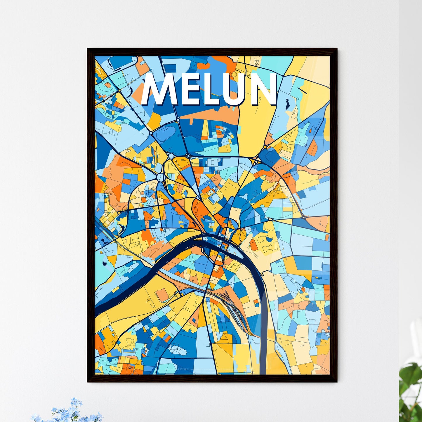 MELUN FRANCE Vibrant Colorful Art Map Poster Blue Orange