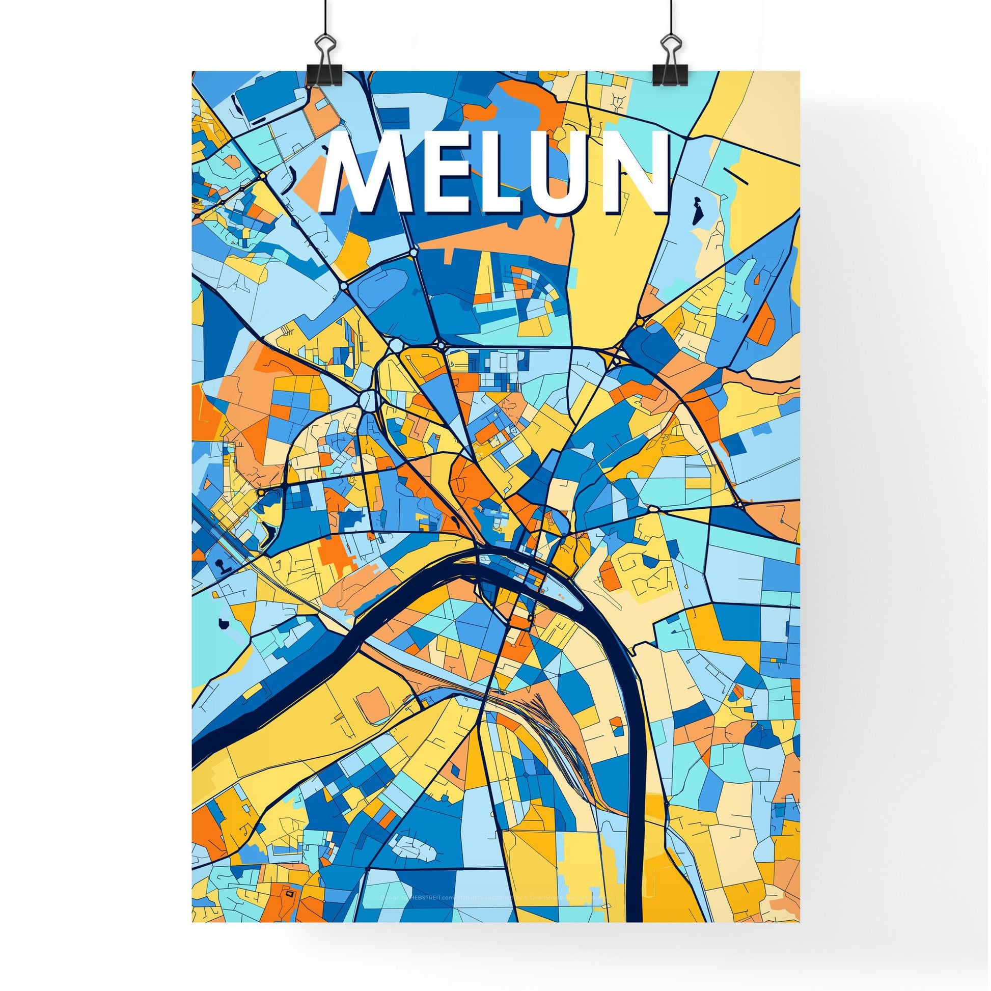 MELUN FRANCE Vibrant Colorful Art Map Poster Blue Orange