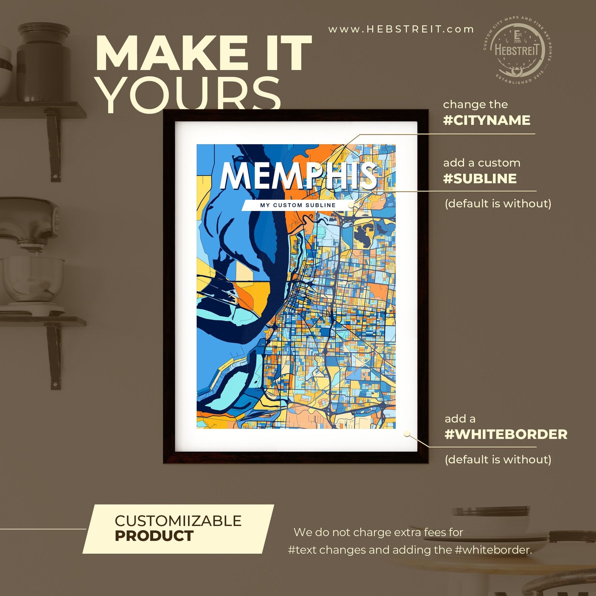 MEMPHIS TENNESSEE Vibrant Colorful Art Map Poster Blue Orange