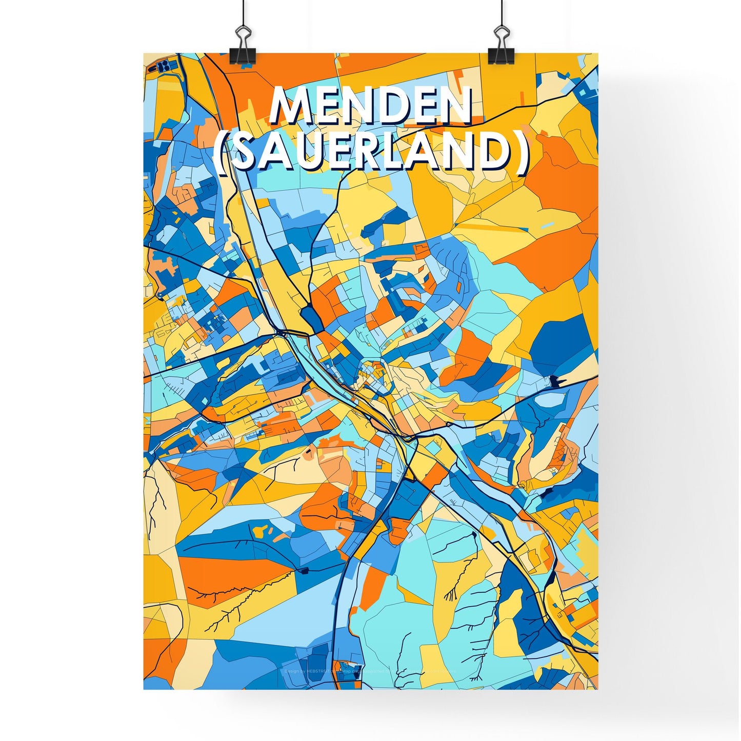 MENDEN (SAUERLAND) GERMANY Vibrant Colorful Art Map Poster Blue Orange