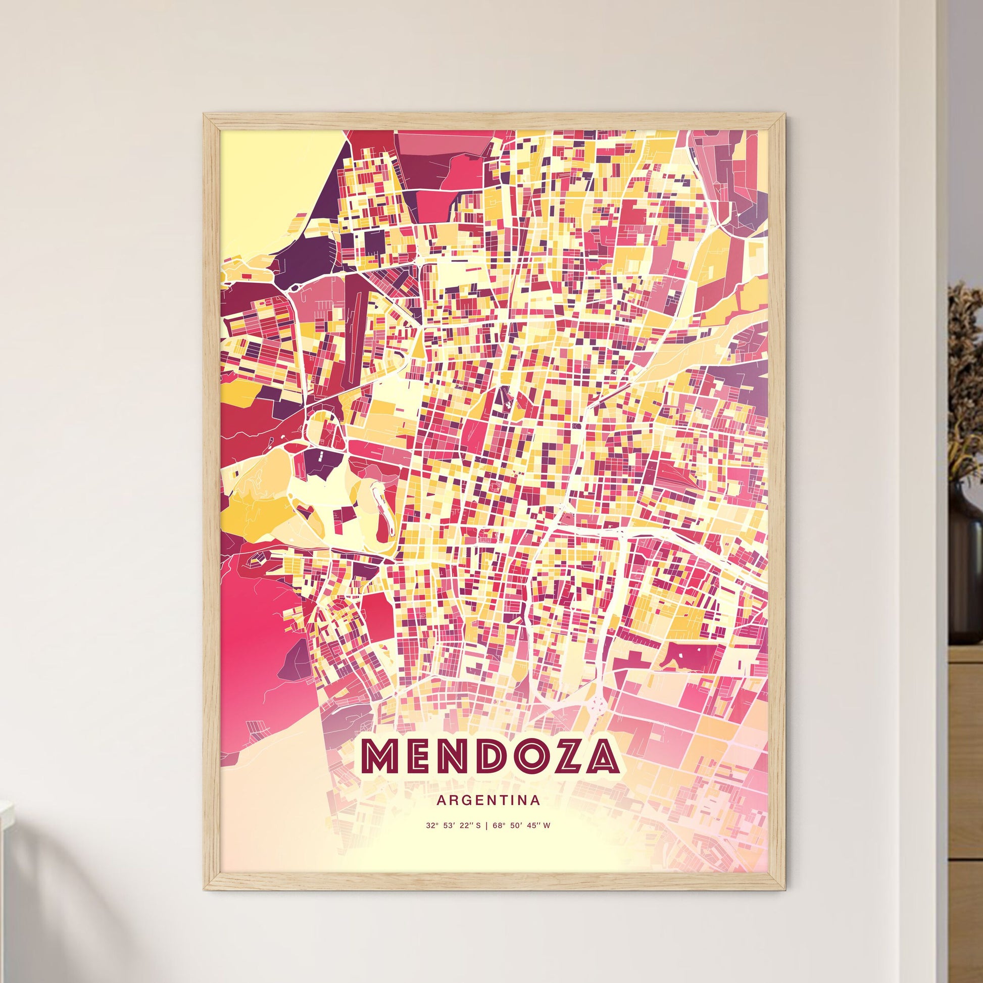 Colorful Mendoza Argentina Fine Art Map Hot Red