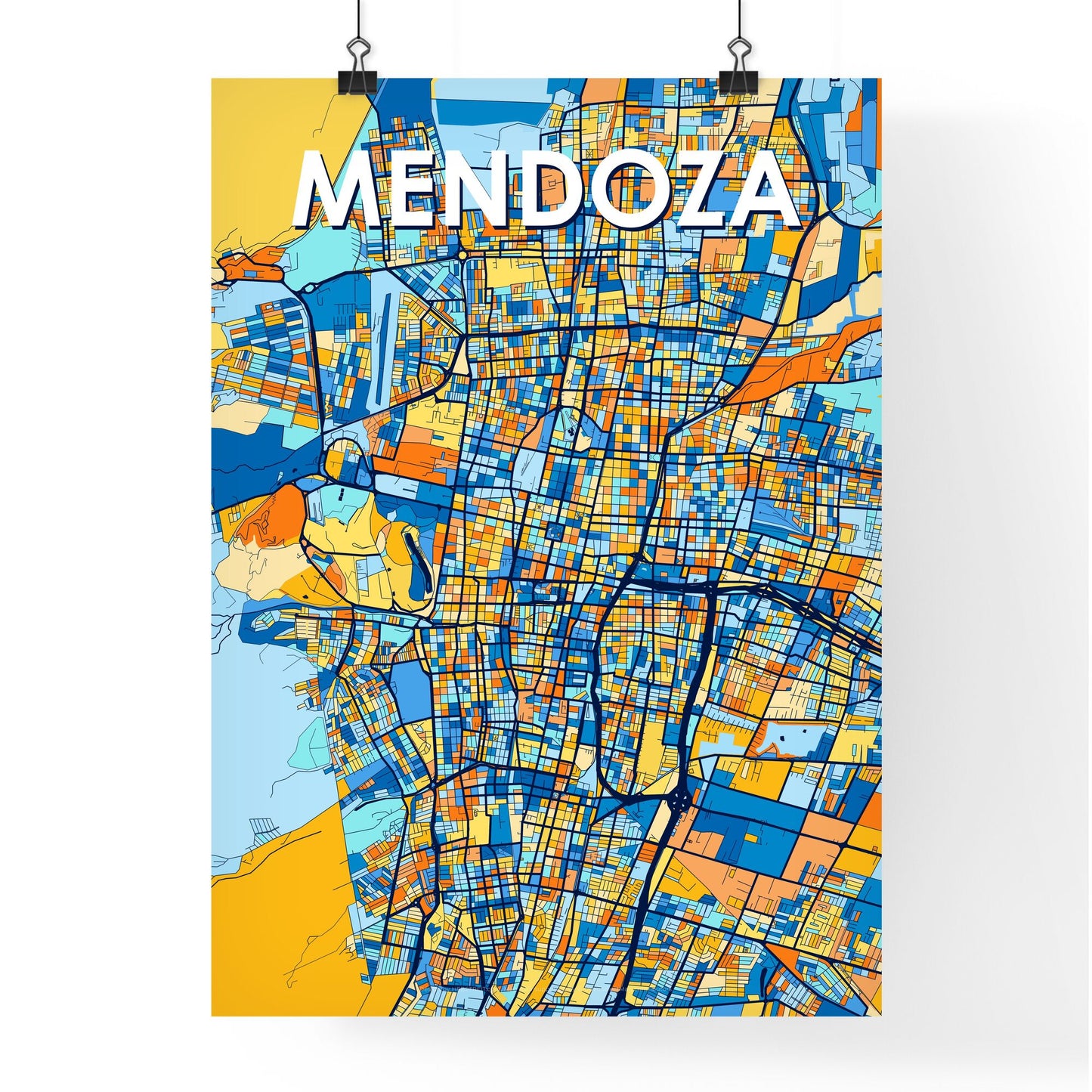 MENDOZA ARGENTINA Vibrant Colorful Art Map Poster Blue Orange