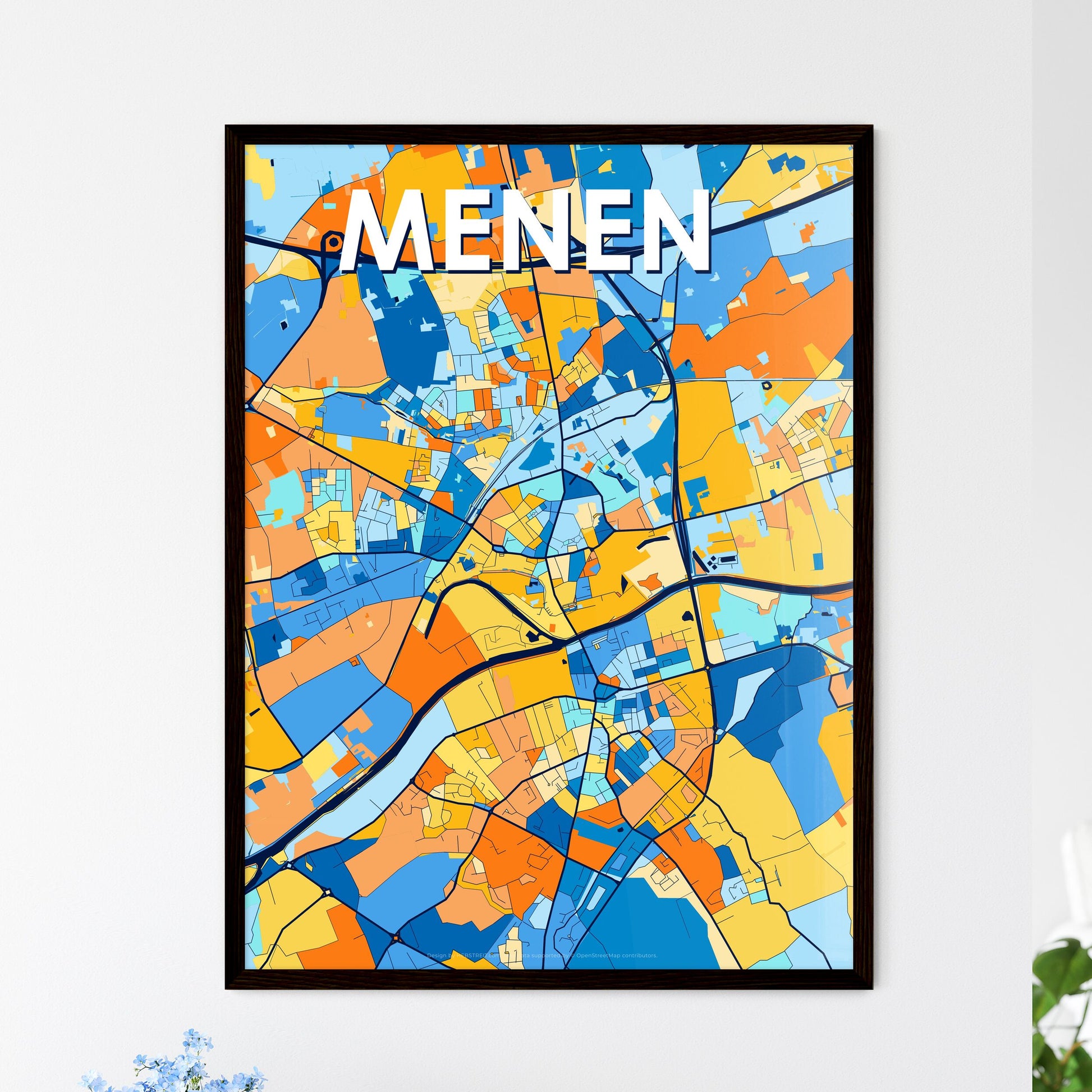 MENEN BELGIUM Vibrant Colorful Art Map Poster Blue Orange