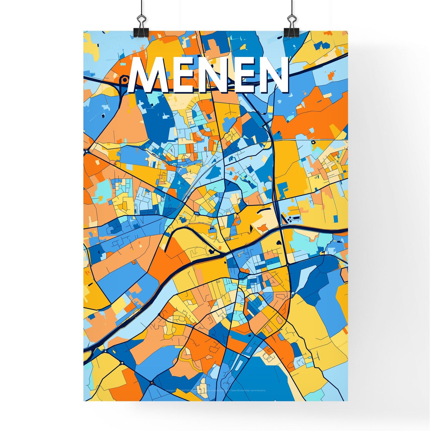 MENEN BELGIUM Vibrant Colorful Art Map Poster Blue Orange