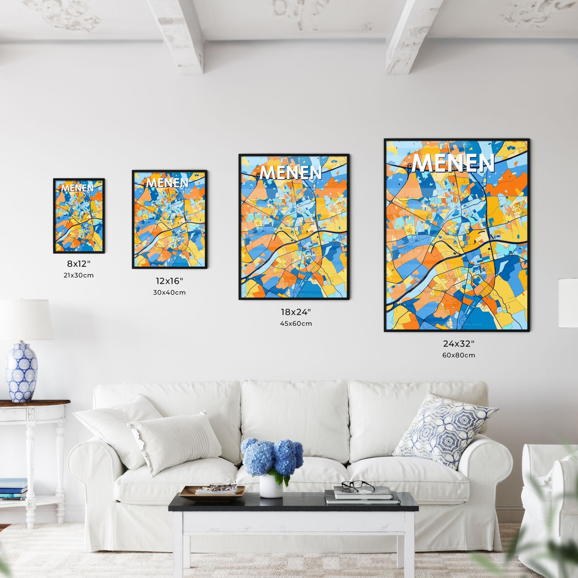 MENEN BELGIUM Vibrant Colorful Art Map Poster Blue Orange