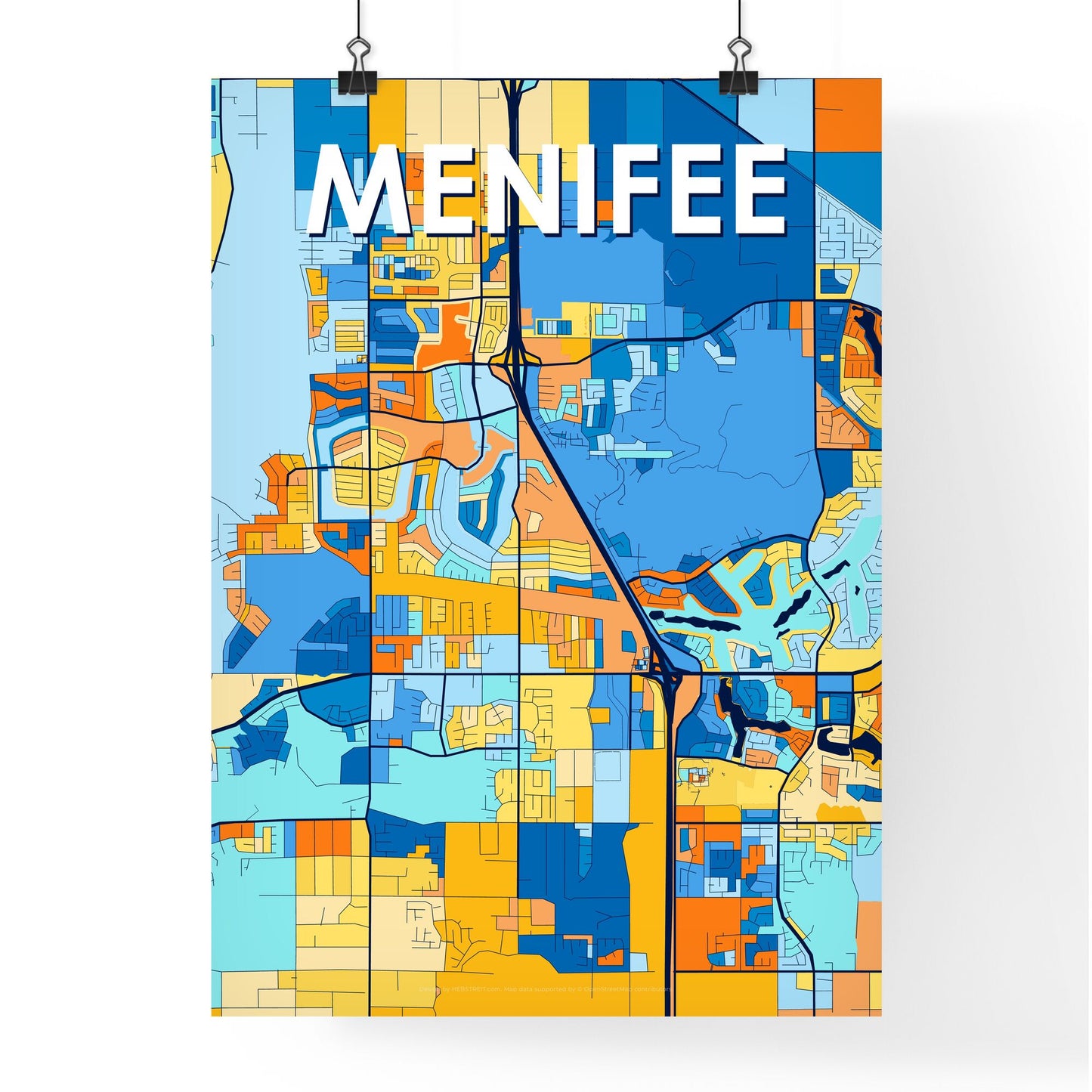 MENIFEE CALIFORNIA Vibrant Colorful Art Map Poster Blue Orange