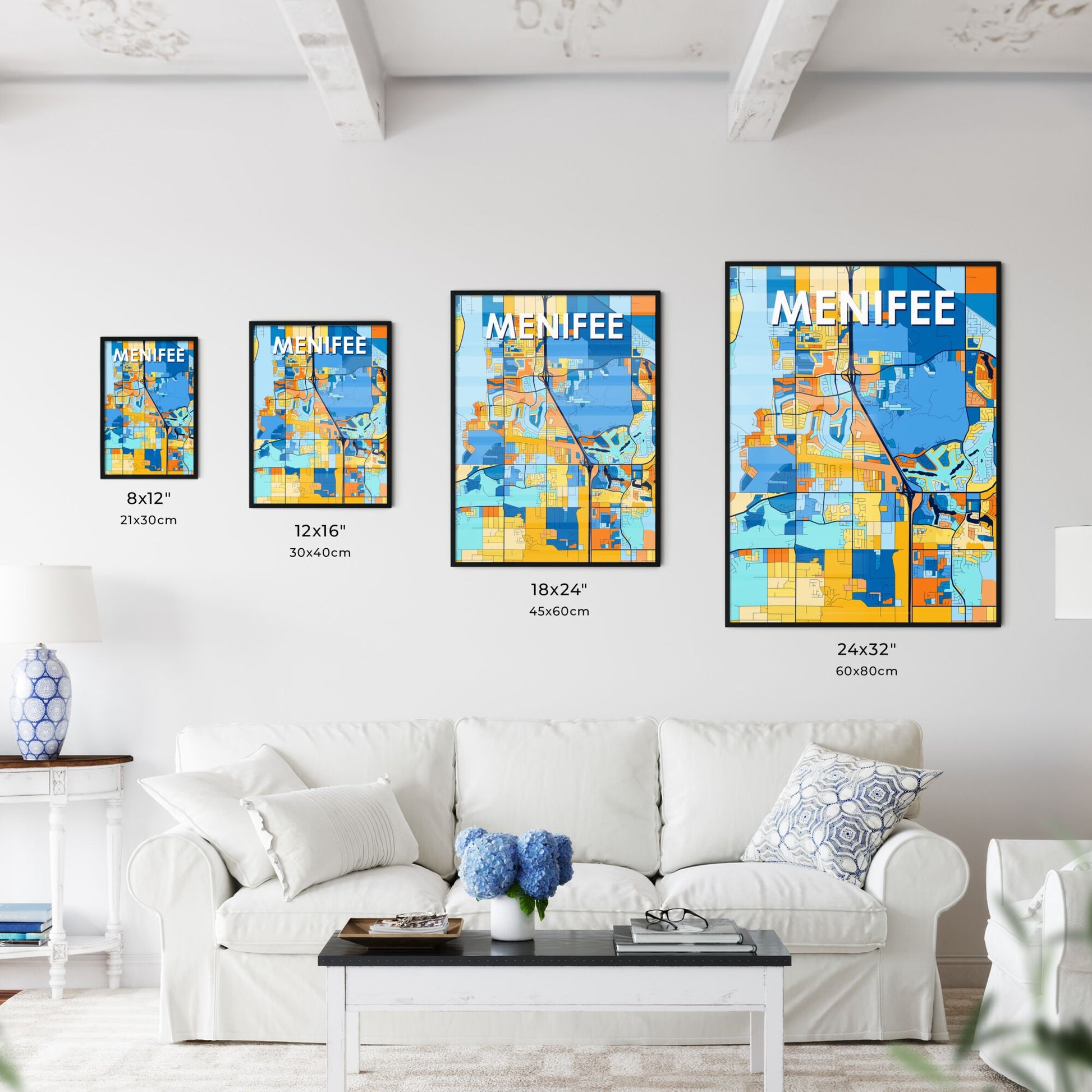 MENIFEE CALIFORNIA Vibrant Colorful Art Map Poster Blue Orange