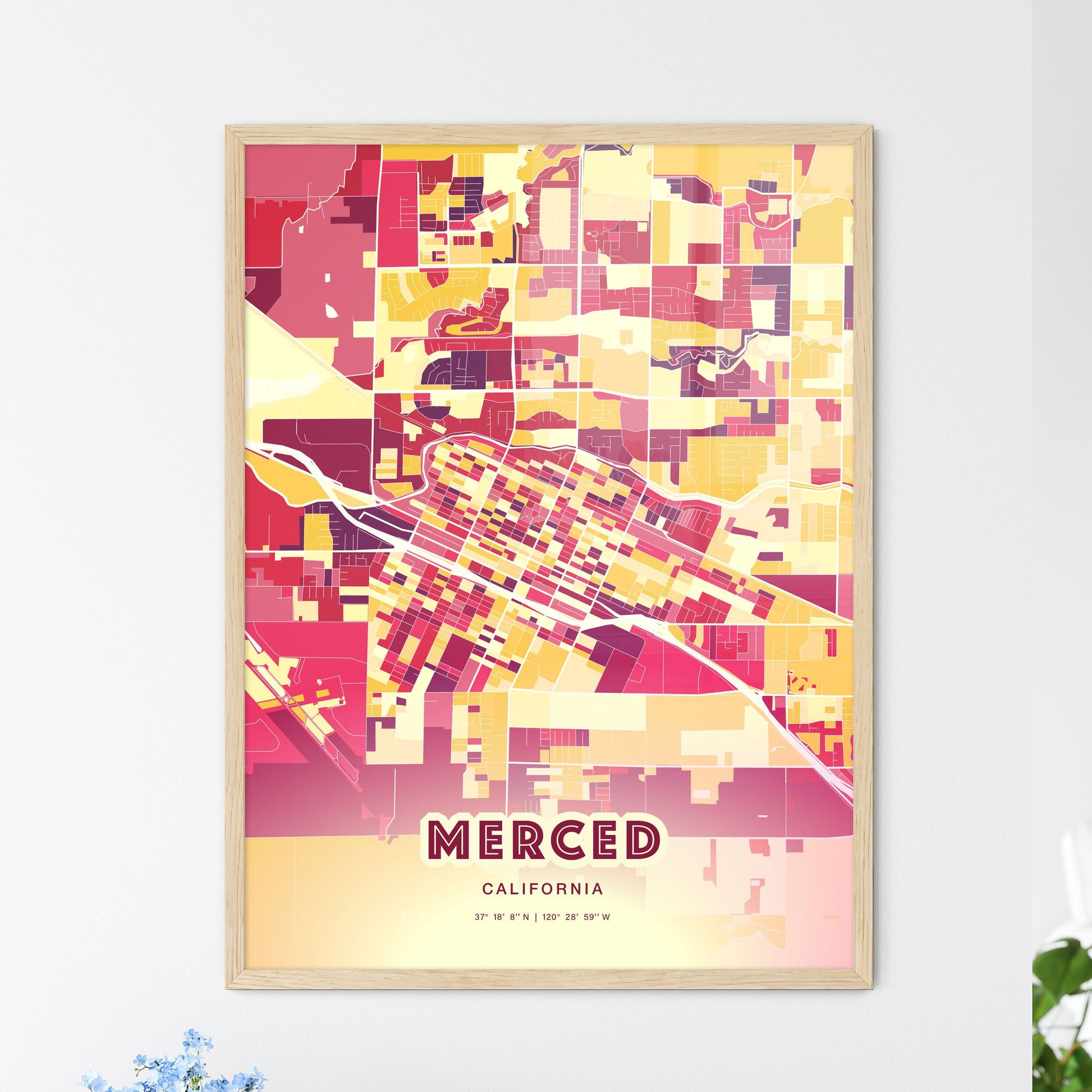 Colorful Merced California Fine Art Map Hot Red