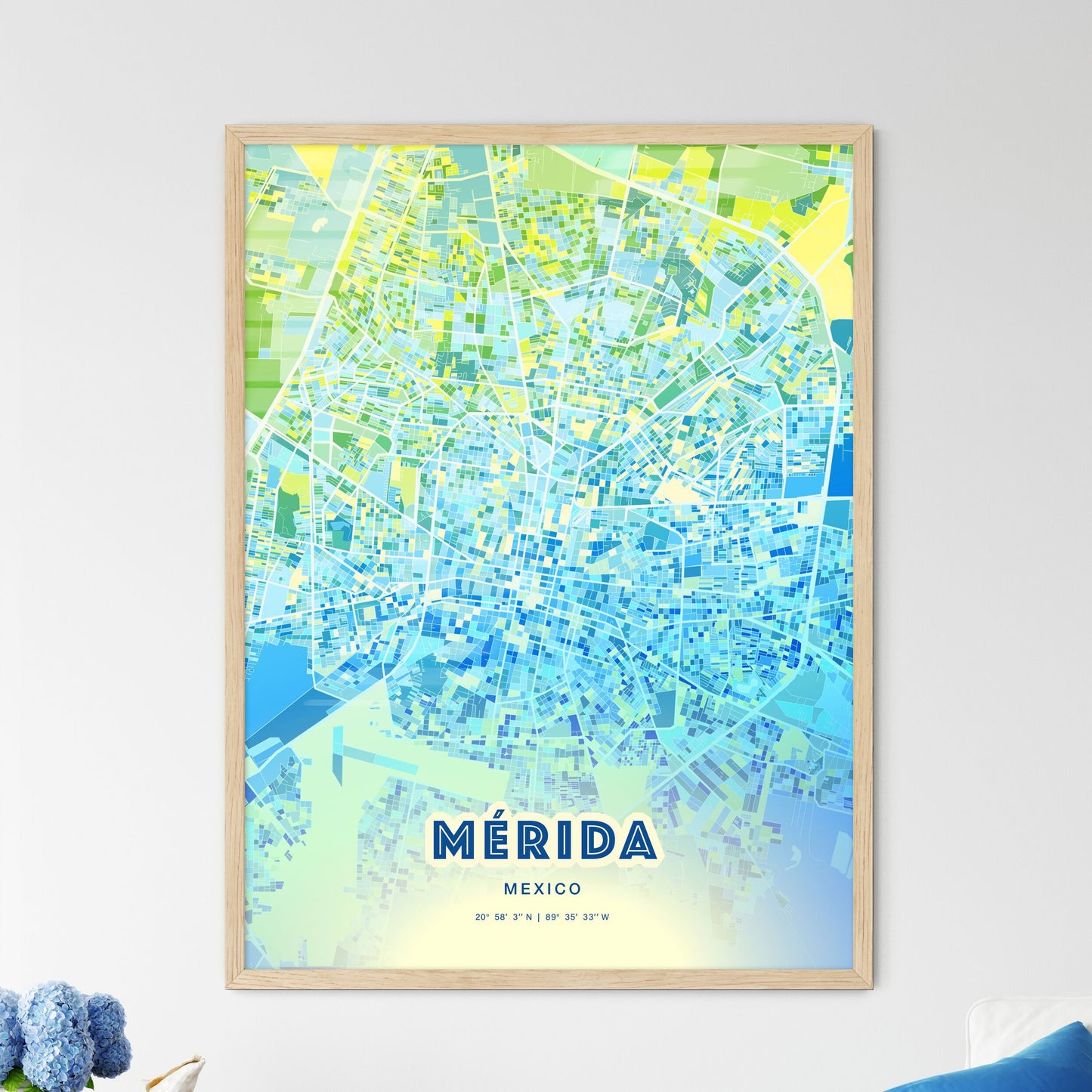 Colorful Mérida Mexico Fine Art Map Cool Blue