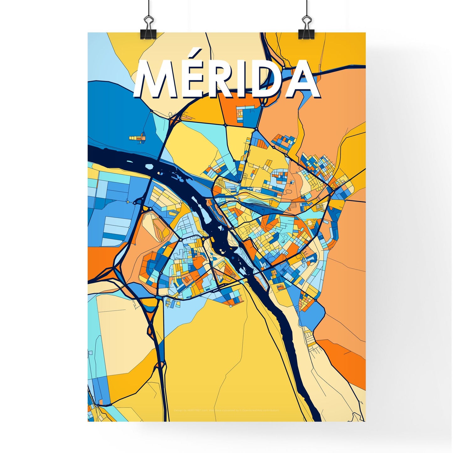 MÉRIDA SPAIN Vibrant Colorful Art Map Poster Blue Orange