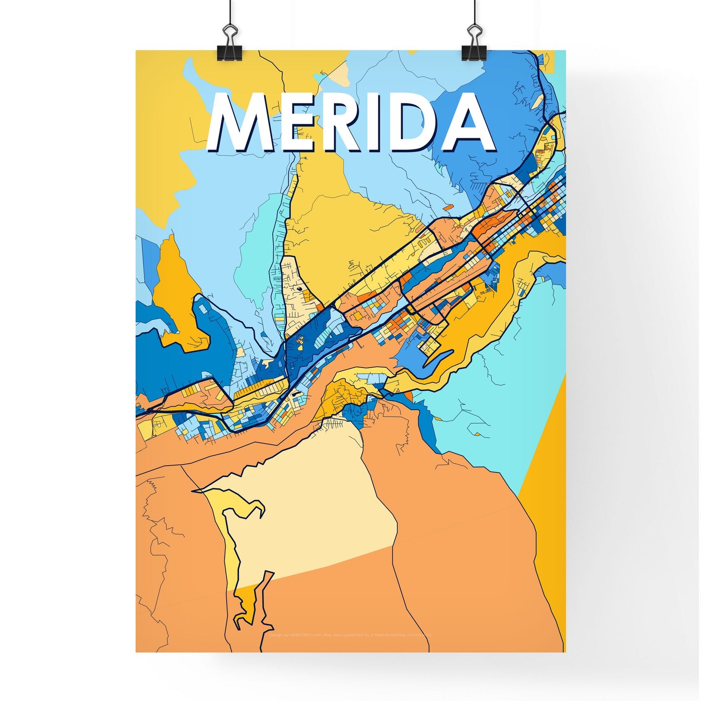 MERIDA VENEZUELA Vibrant Colorful Art Map Poster Blue Orange