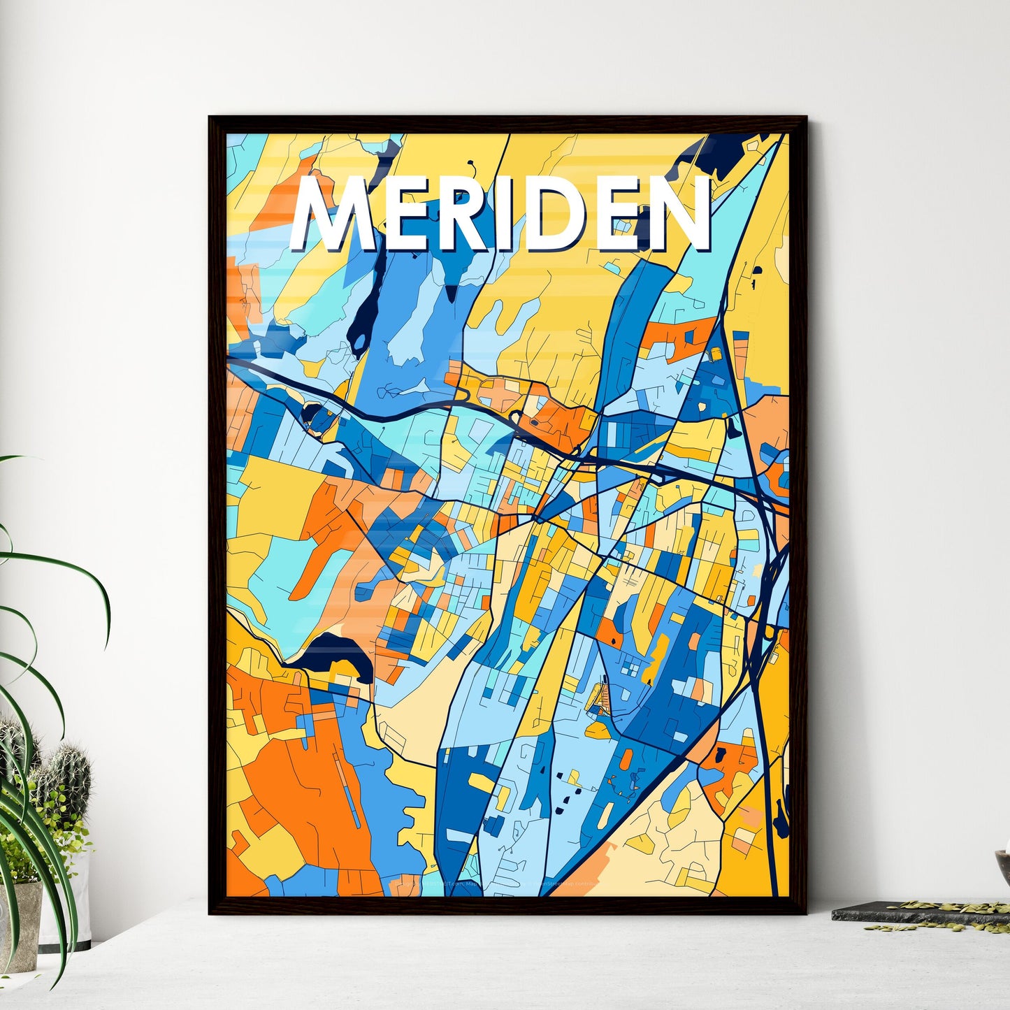 MERIDEN CONNECTICUT Vibrant Colorful Art Map Poster Blue Orange