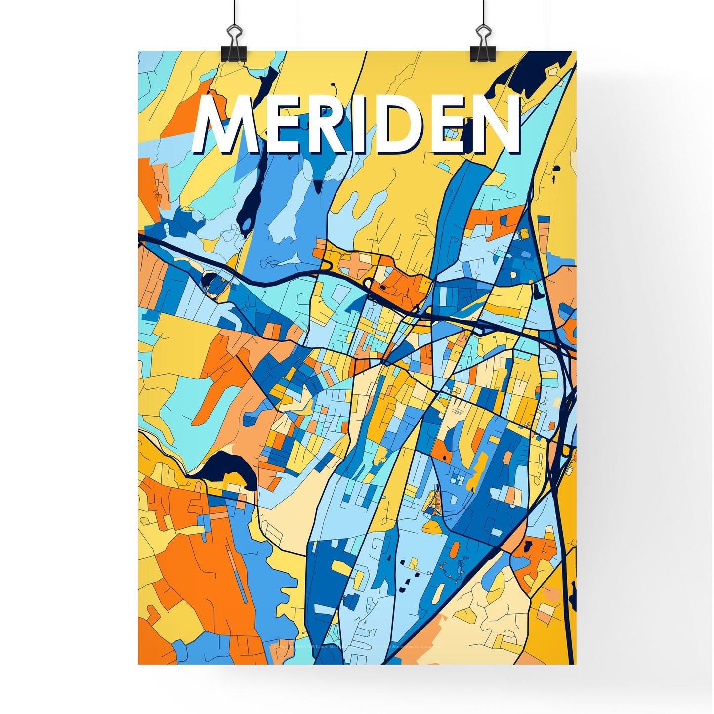 MERIDEN CONNECTICUT Vibrant Colorful Art Map Poster Blue Orange