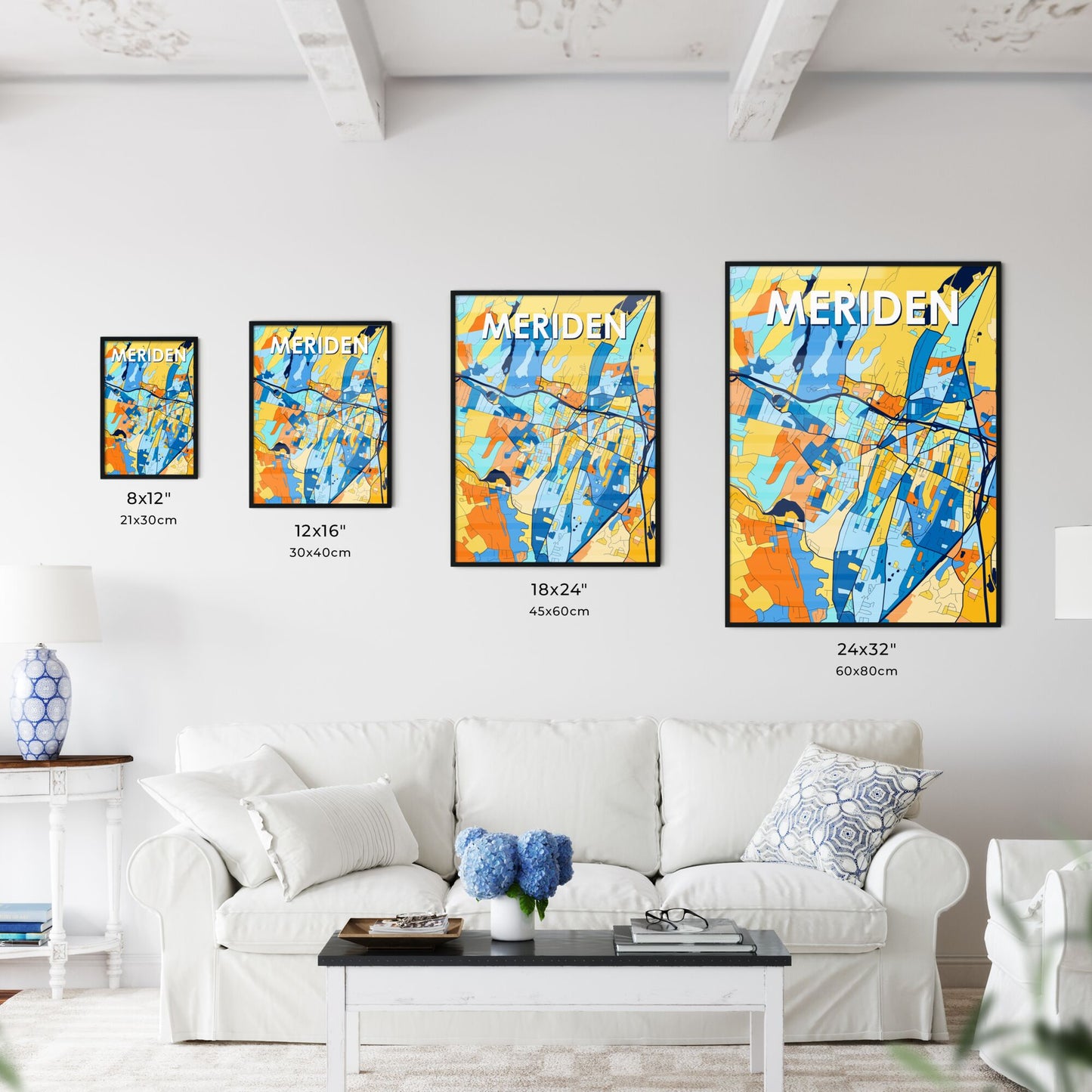 MERIDEN CONNECTICUT Vibrant Colorful Art Map Poster Blue Orange