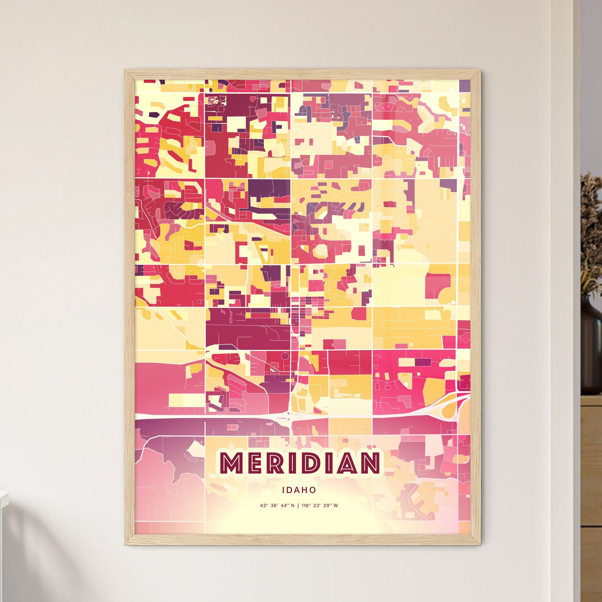 Colorful Meridian Idaho Fine Art Map Hot Red