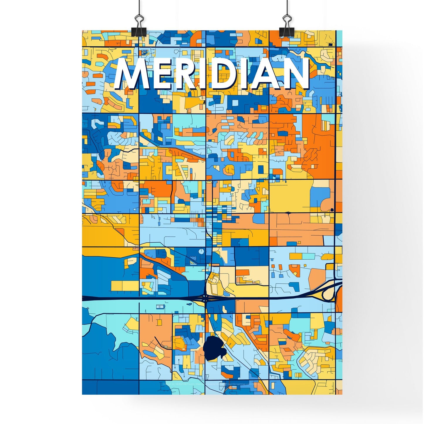 MERIDIAN IDAHO Vibrant Colorful Art Map Poster Blue Orange