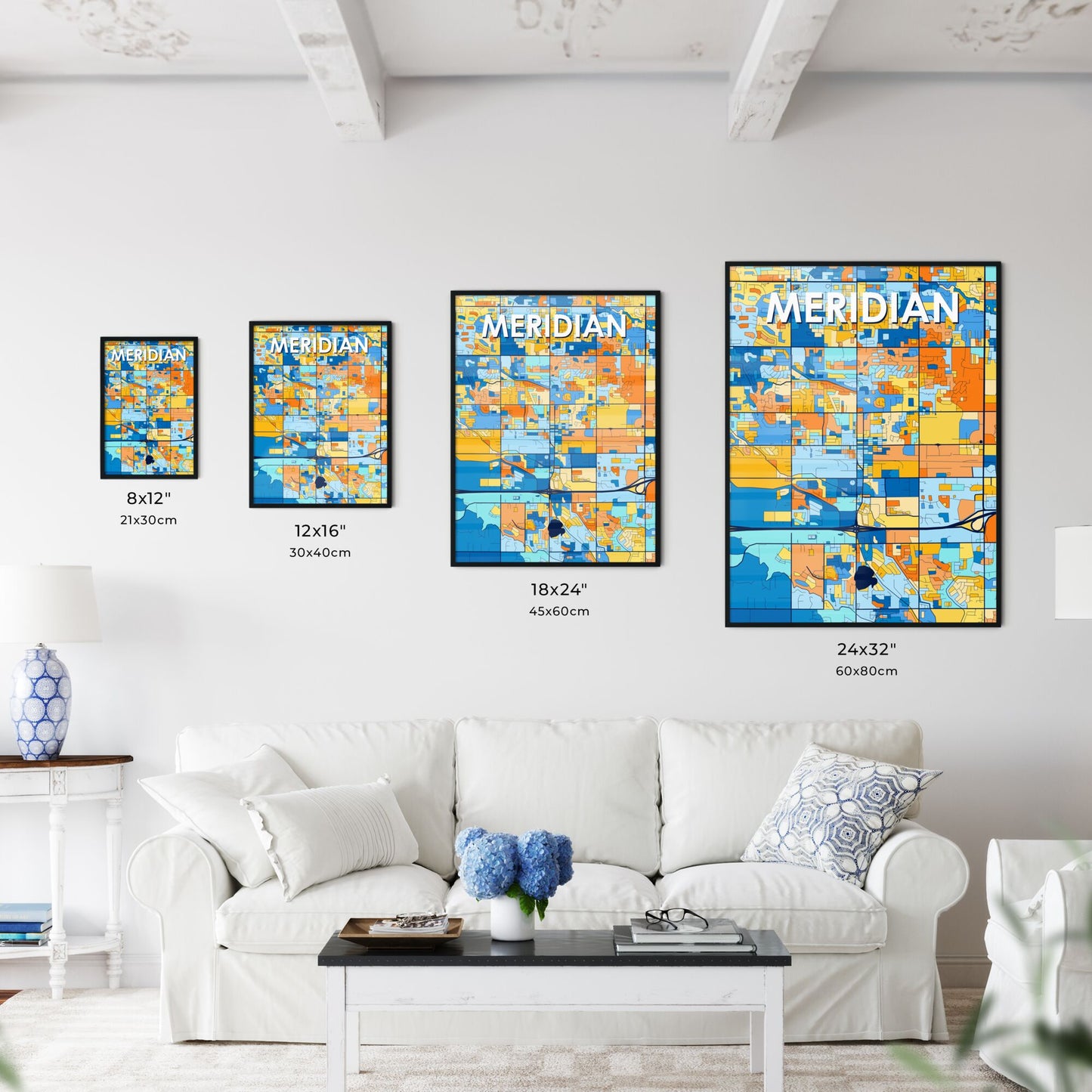 MERIDIAN IDAHO Vibrant Colorful Art Map Poster Blue Orange